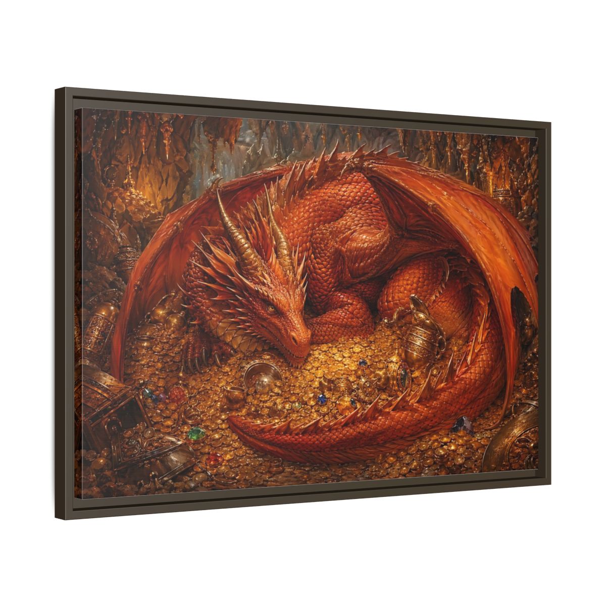 Side Mockup 11. Fairytale Red Dragon Red Dragon Gold shown as stretched canvas wall art