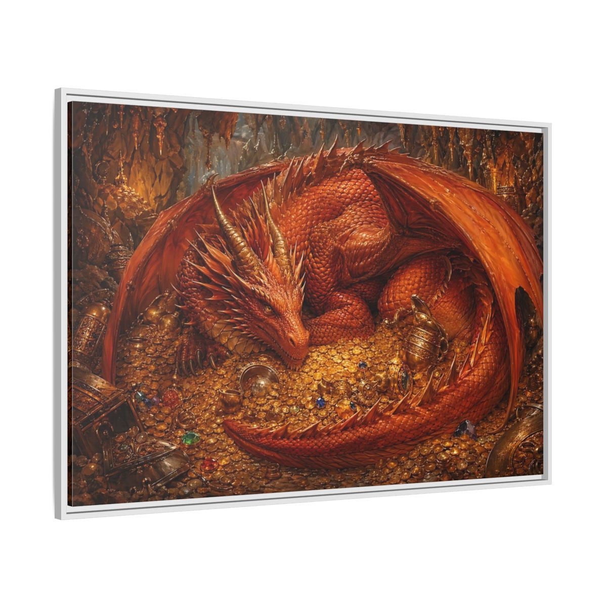 Side Mockup 7. Fairytale Red Dragon Red Dragon Gold shown as stretched canvas wall art