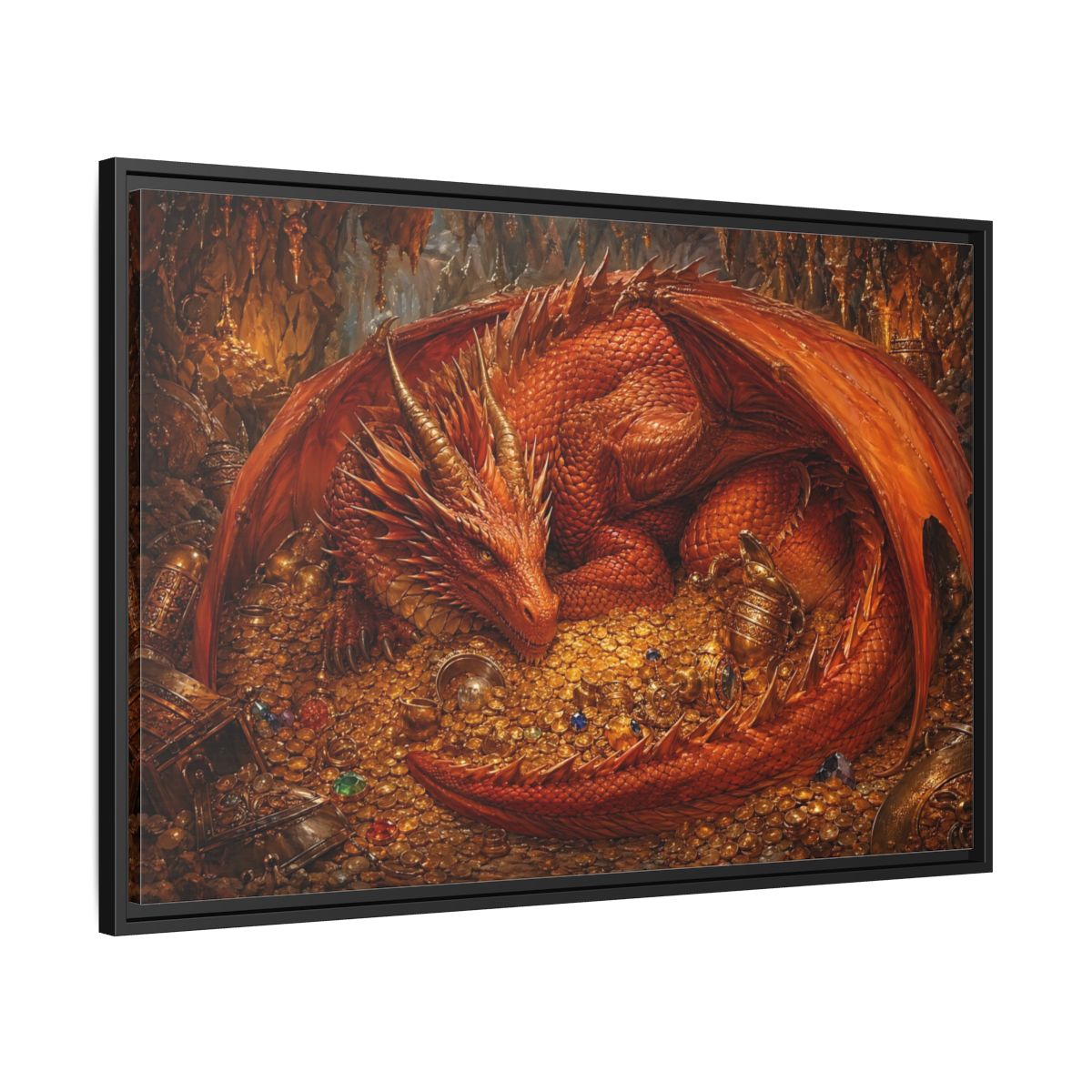 Side Mockup 13. Fairytale Red Dragon Red Dragon Gold shown as stretched canvas wall art