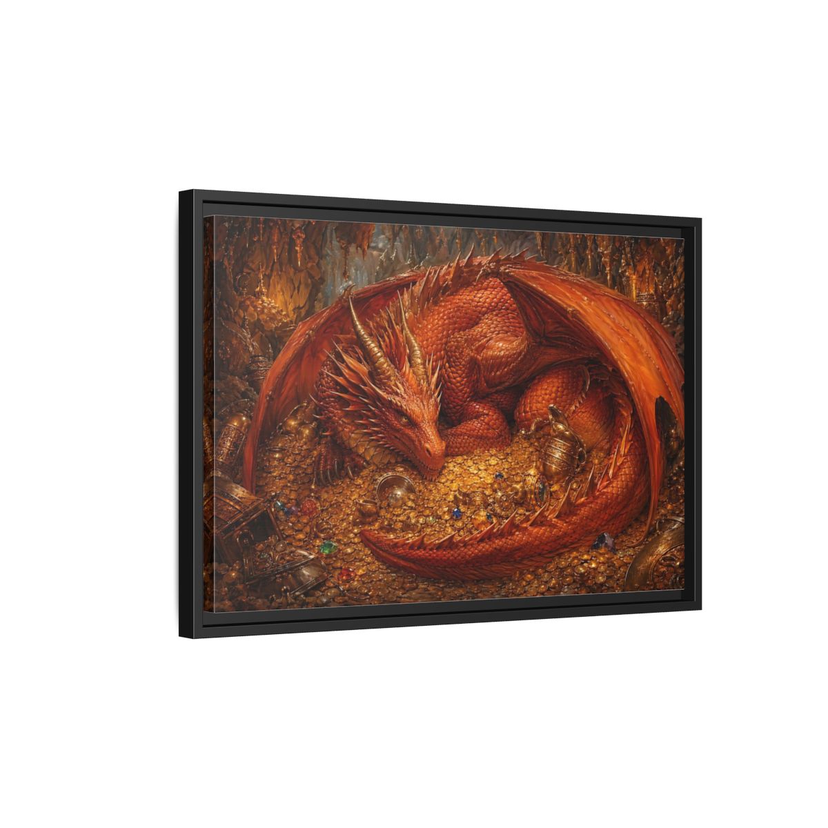 Side Mockup 3. Fairytale Red Dragon Red Dragon Gold shown as stretched canvas wall art