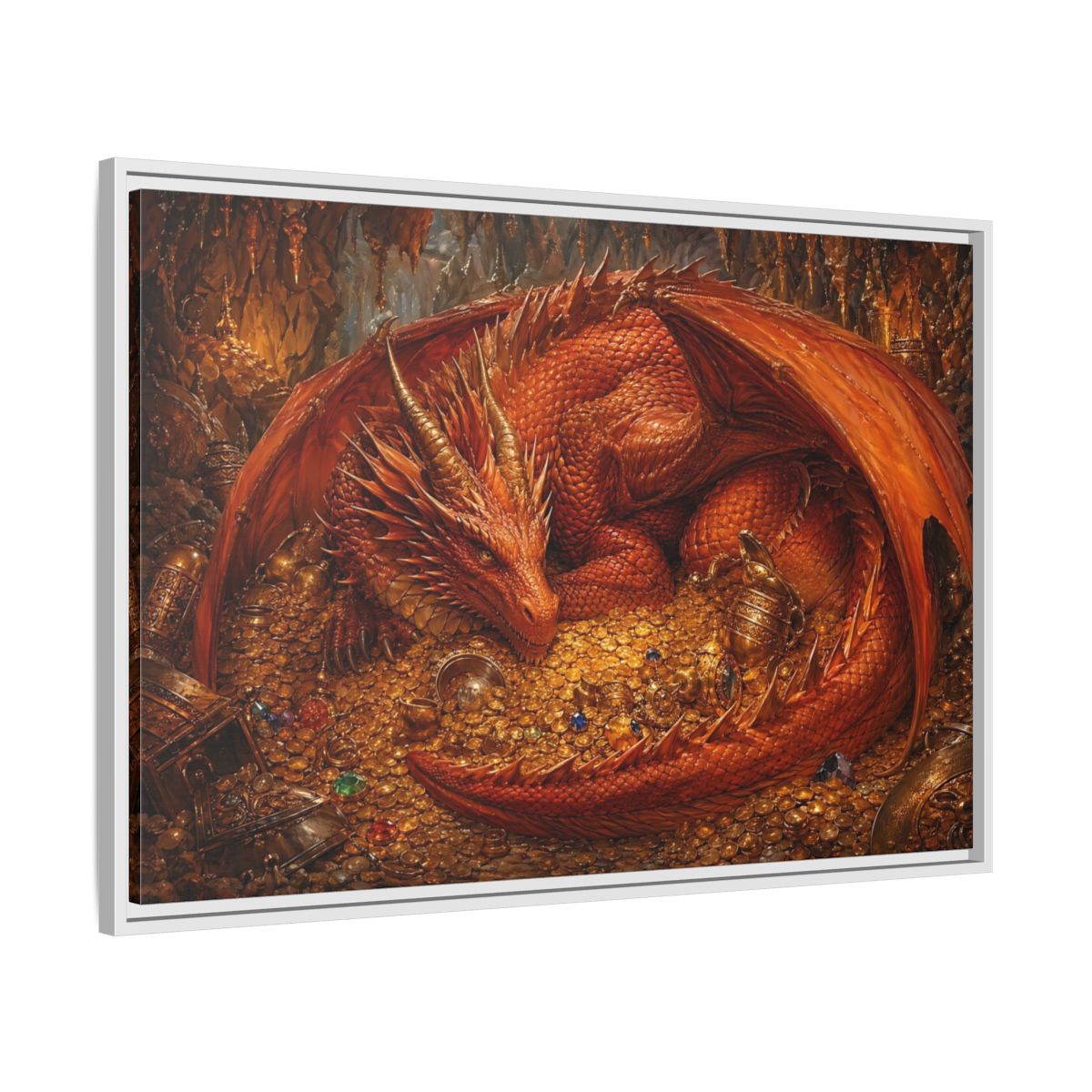 Side Mockup 9. Fairytale Red Dragon Red Dragon Gold shown as stretched canvas wall art