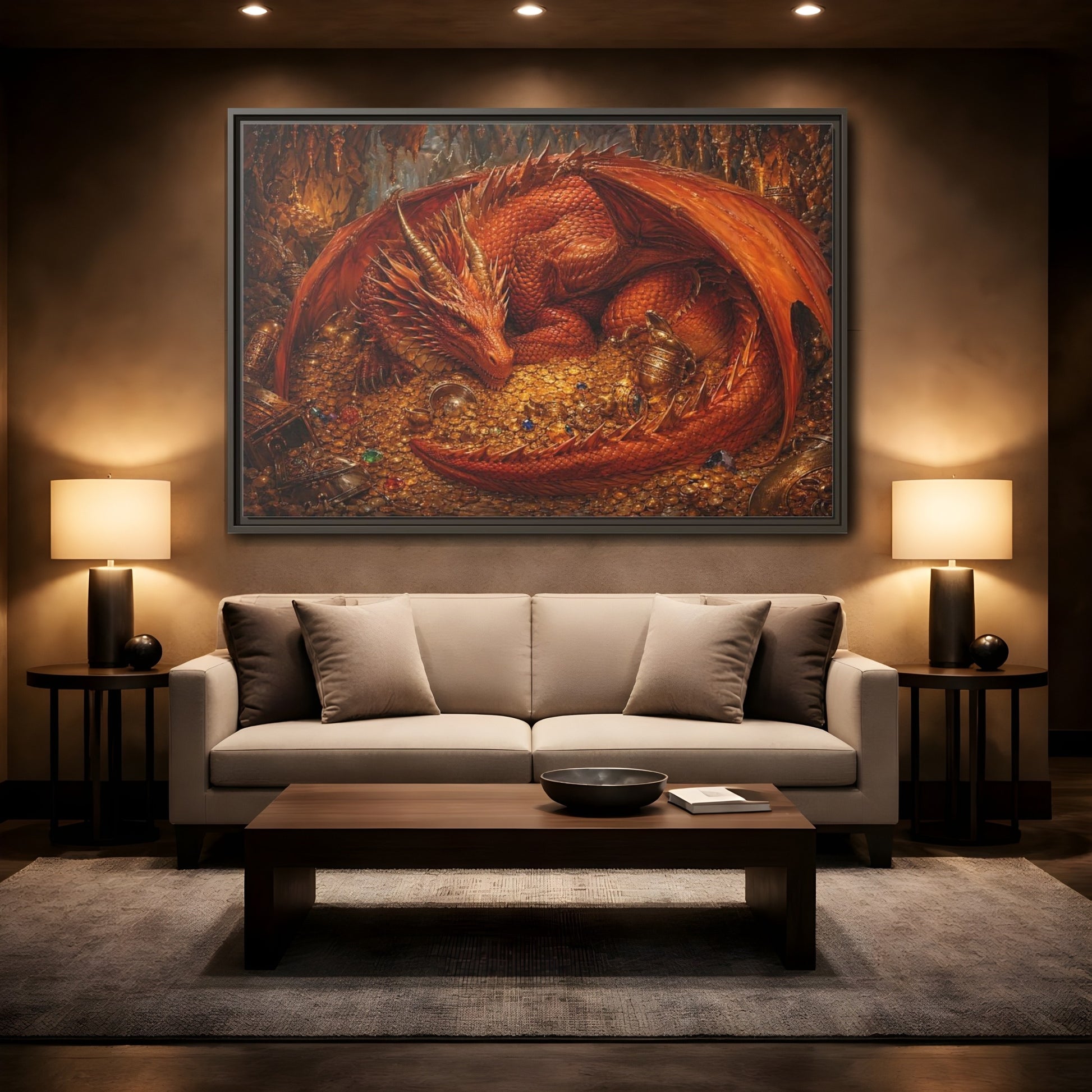 Mockup 2. Fairytale Red Dragon Red Dragon Gold shown as stretched canvas wall art