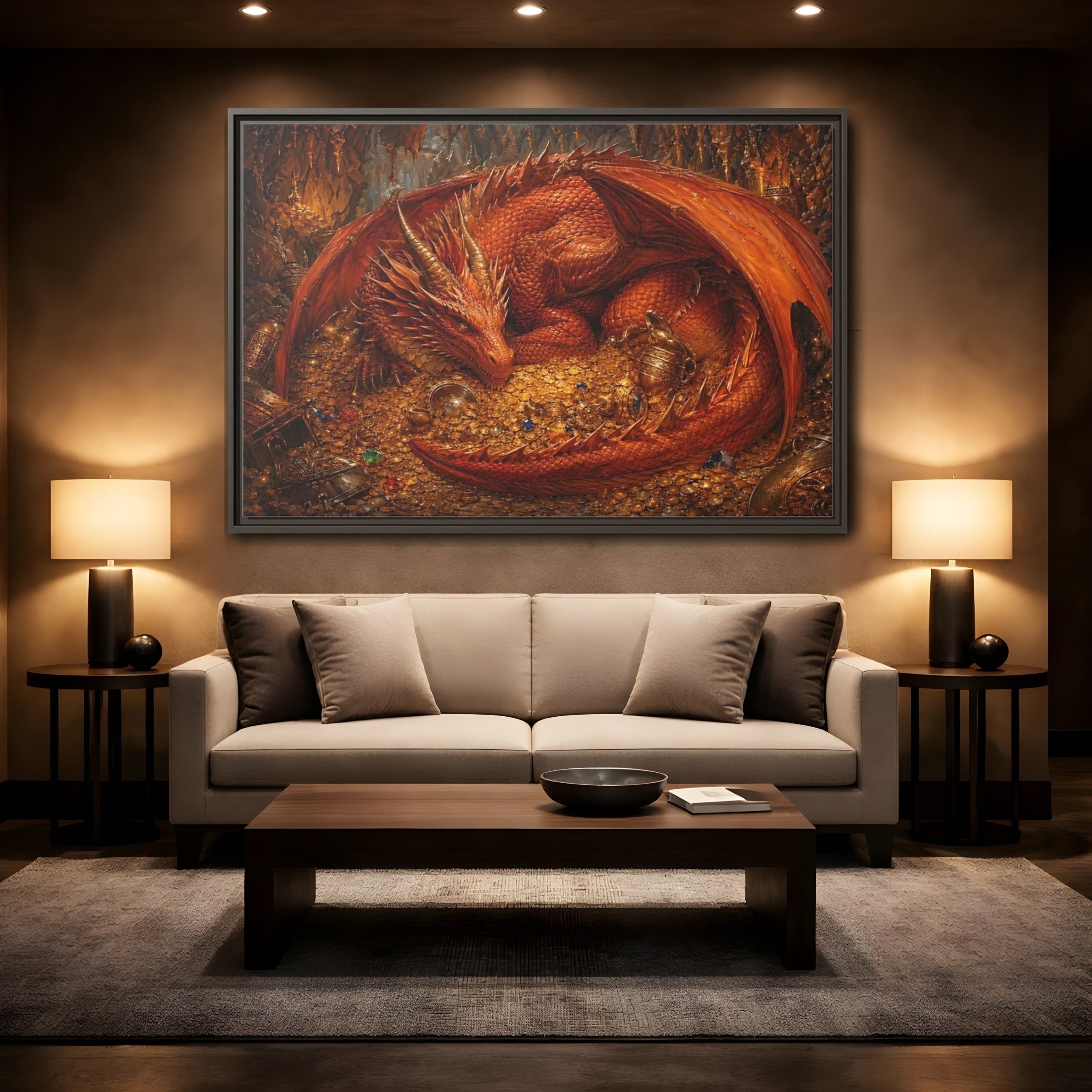 Mockup 2. Fairytale Red Dragon Red Dragon Gold shown as stretched canvas wall art