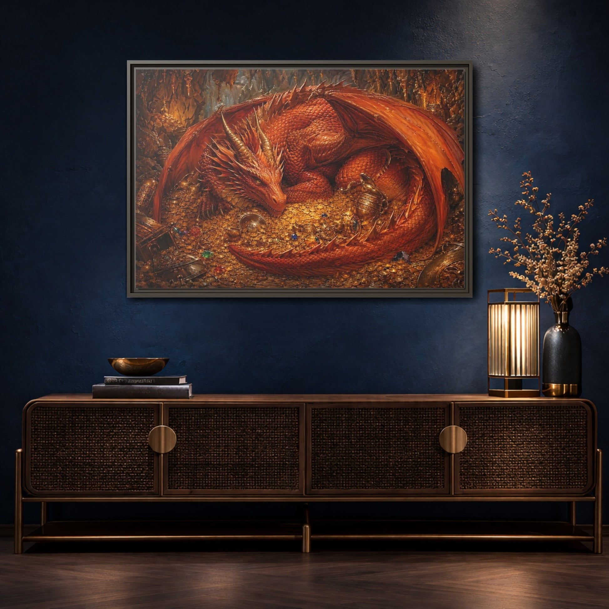 Mockup 4. Fairytale Red Dragon Red Dragon Gold shown as stretched canvas wall art