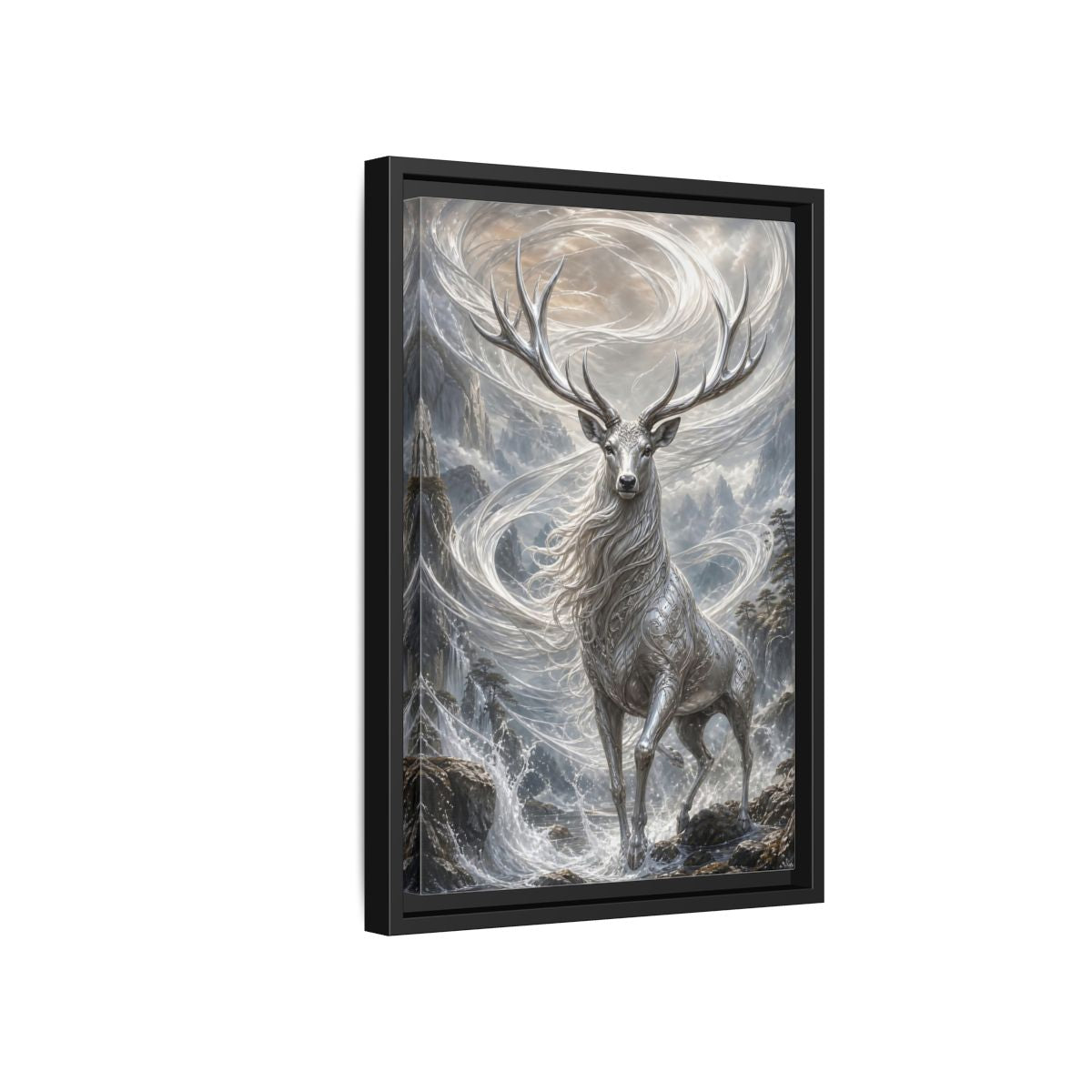 Side Mockup 6. Fairytale Silver Stag Silver And Grey shown as stretched canvas wall art