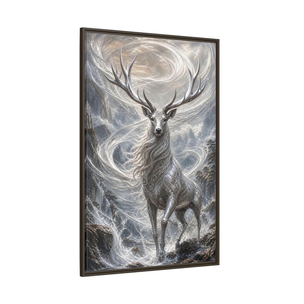 Side Mockup 8. Fairytale Silver Stag Silver And Grey shown as stretched canvas wall art