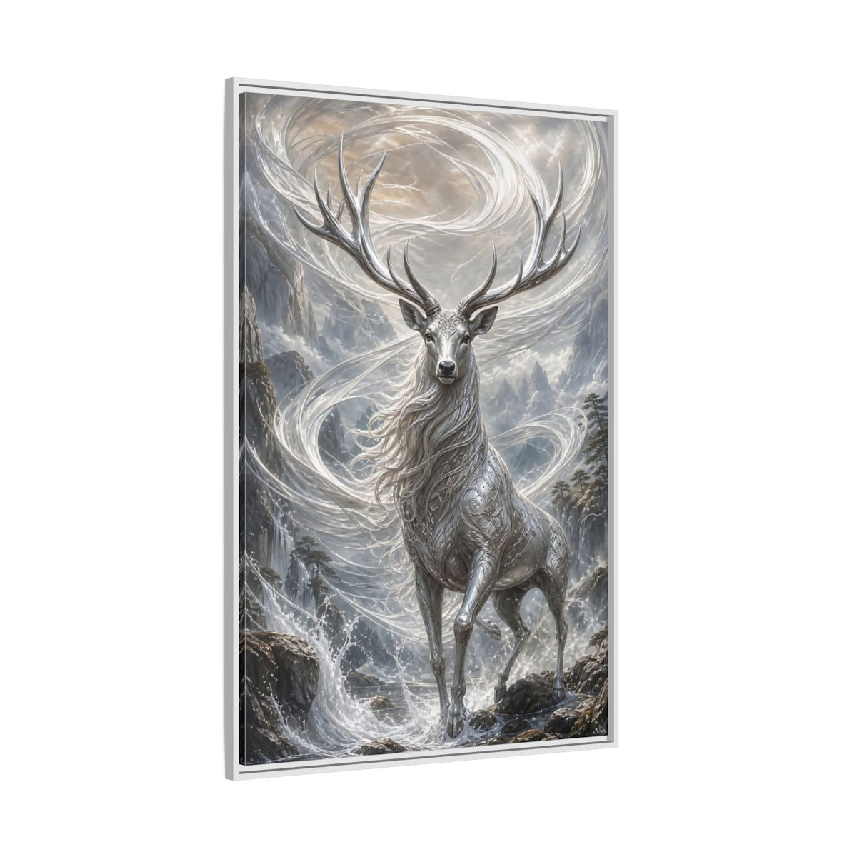 Side Mockup 7. Fairytale Silver Stag Silver And Grey shown as stretched canvas wall art