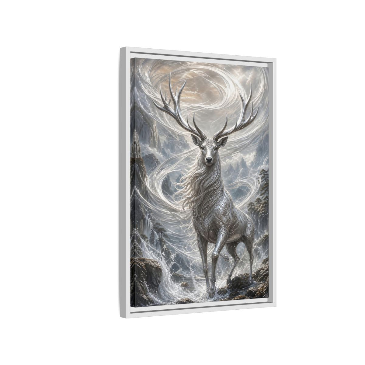 Side Mockup 1. Fairytale Silver Stag Silver And Grey shown as stretched canvas wall art