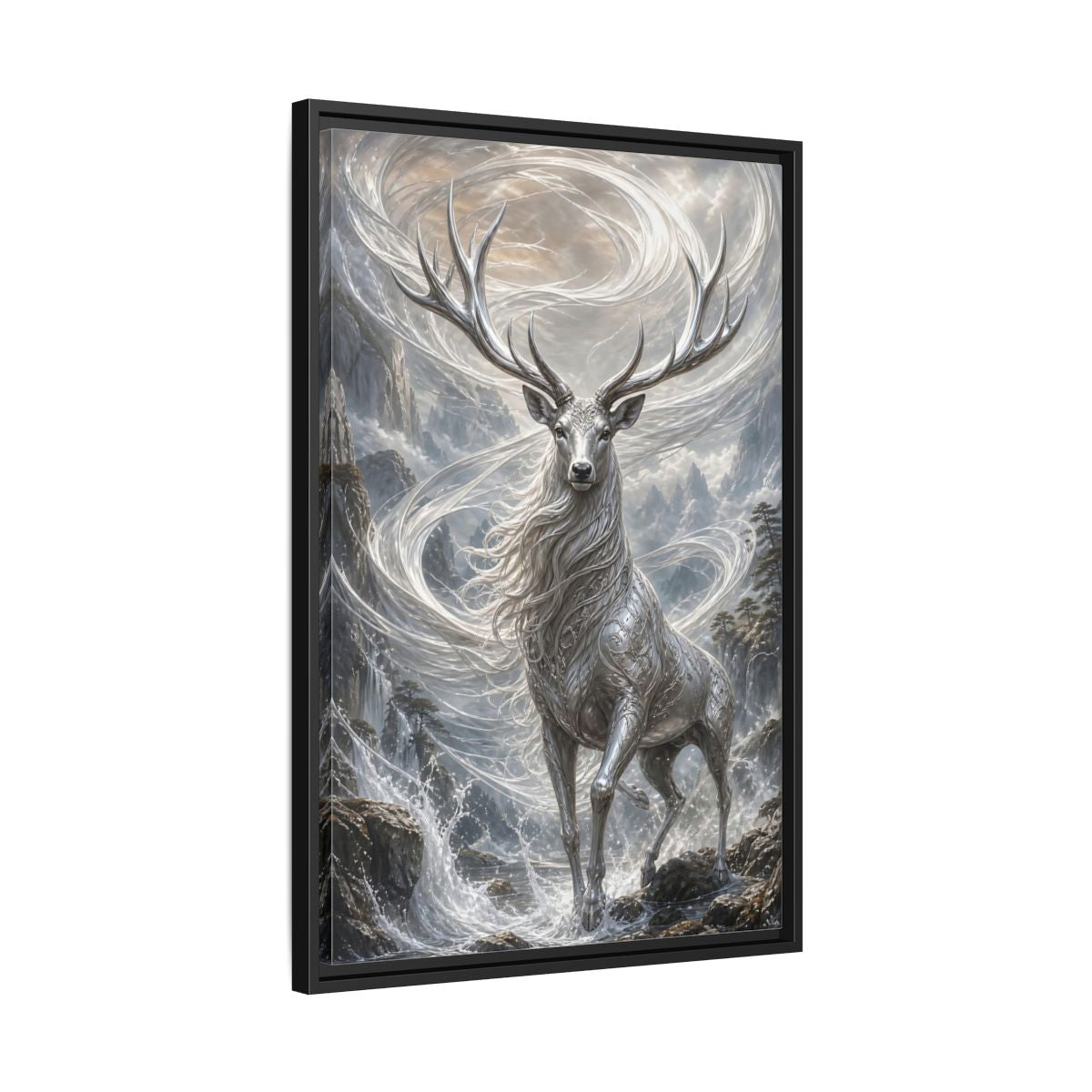 Side Mockup 14. Fairytale Silver Stag Silver And Grey shown as stretched canvas wall art