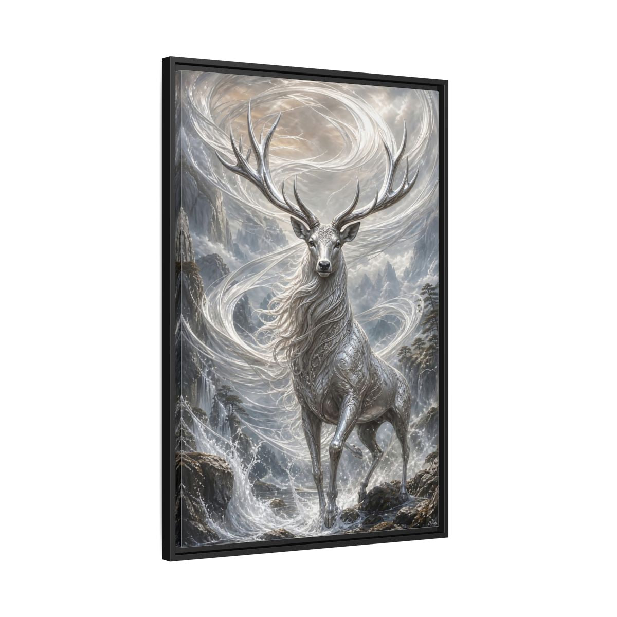 Side Mockup 13. Fairytale Silver Stag Silver And Grey shown as stretched canvas wall art