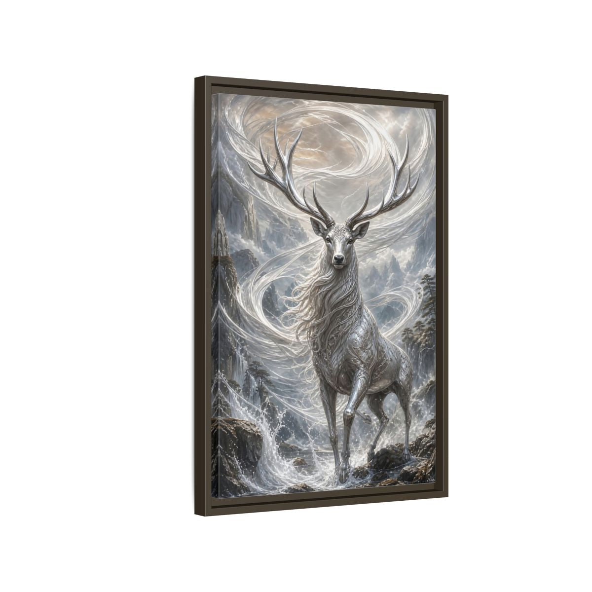 Side Mockup 2. Fairytale Silver Stag Silver And Grey shown as stretched canvas wall art