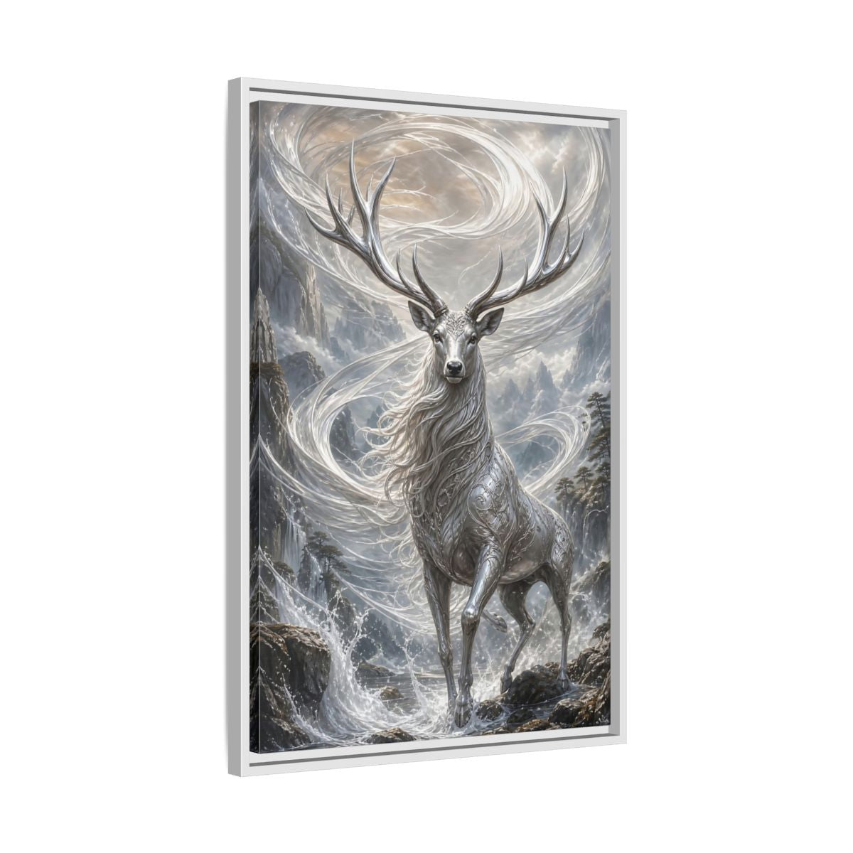 Side Mockup 10. Fairytale Silver Stag Silver And Grey shown as stretched canvas wall art