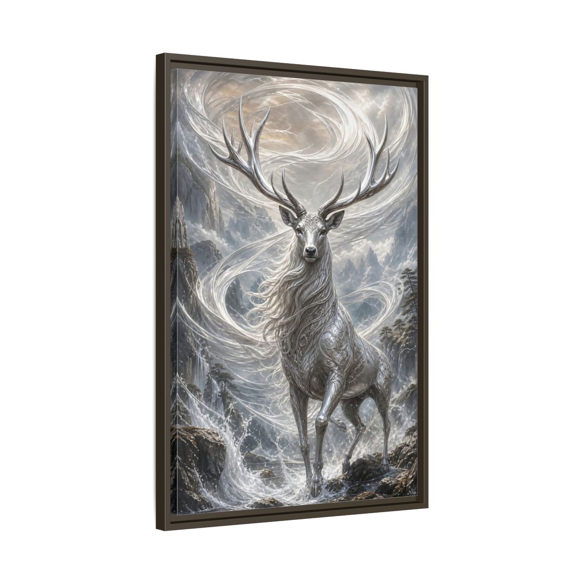 Side Mockup 11. Fairytale Silver Stag Silver And Grey shown as stretched canvas wall art