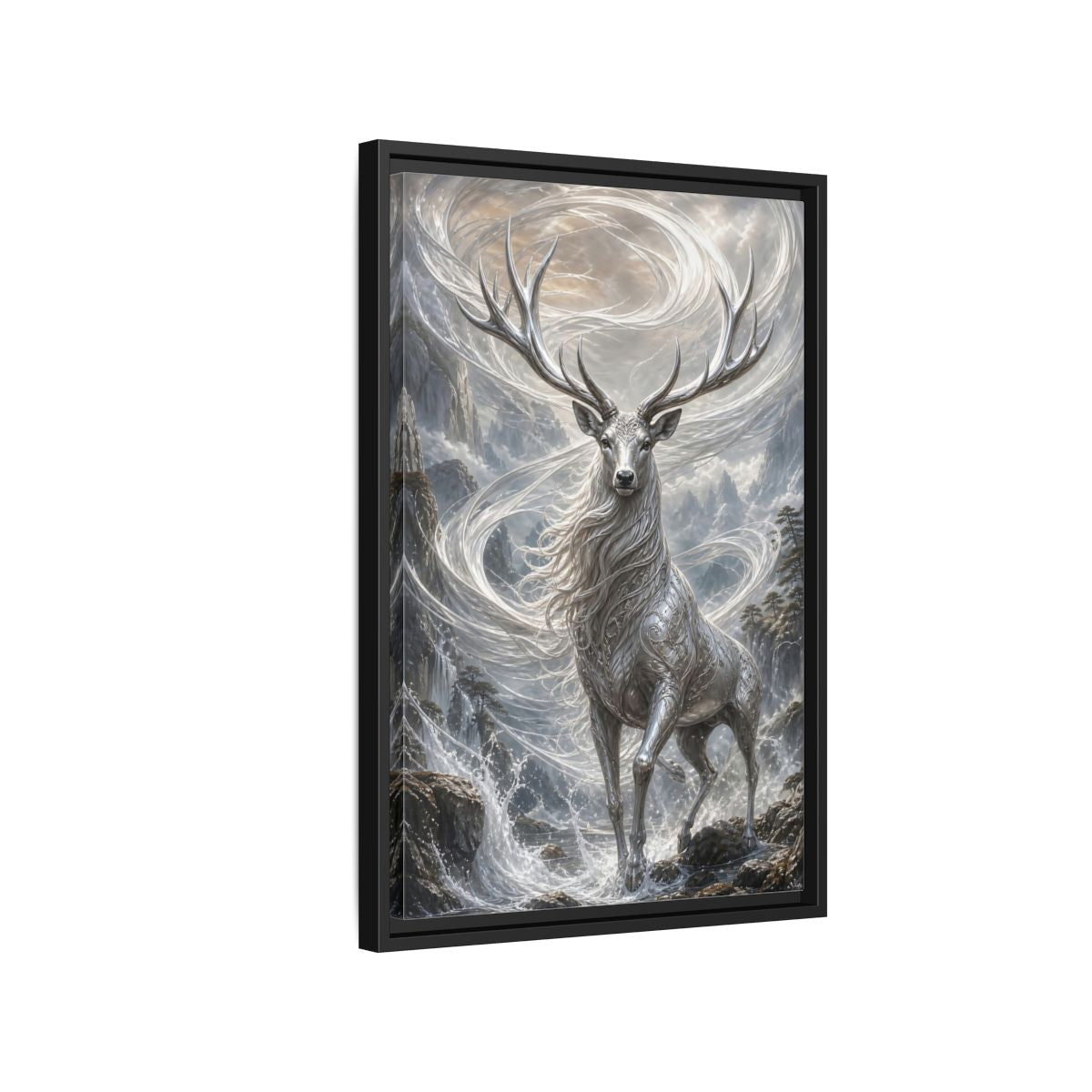 Side Mockup 3. Fairytale Silver Stag Silver And Grey shown as stretched canvas wall art