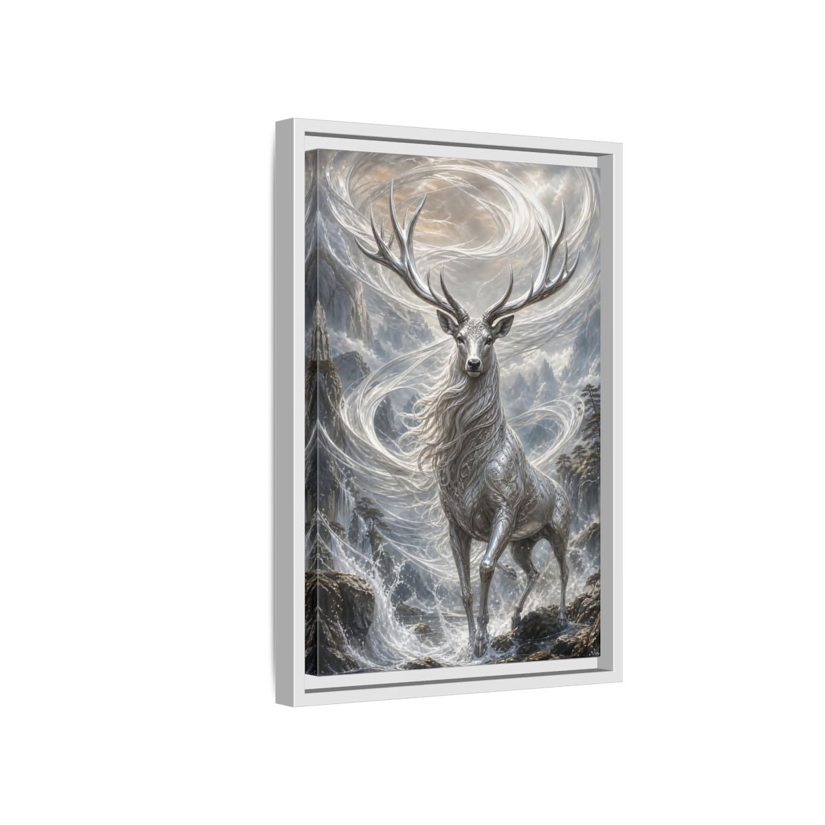 Side Mockup 4. Fairytale Silver Stag Silver And Grey shown as stretched canvas wall art