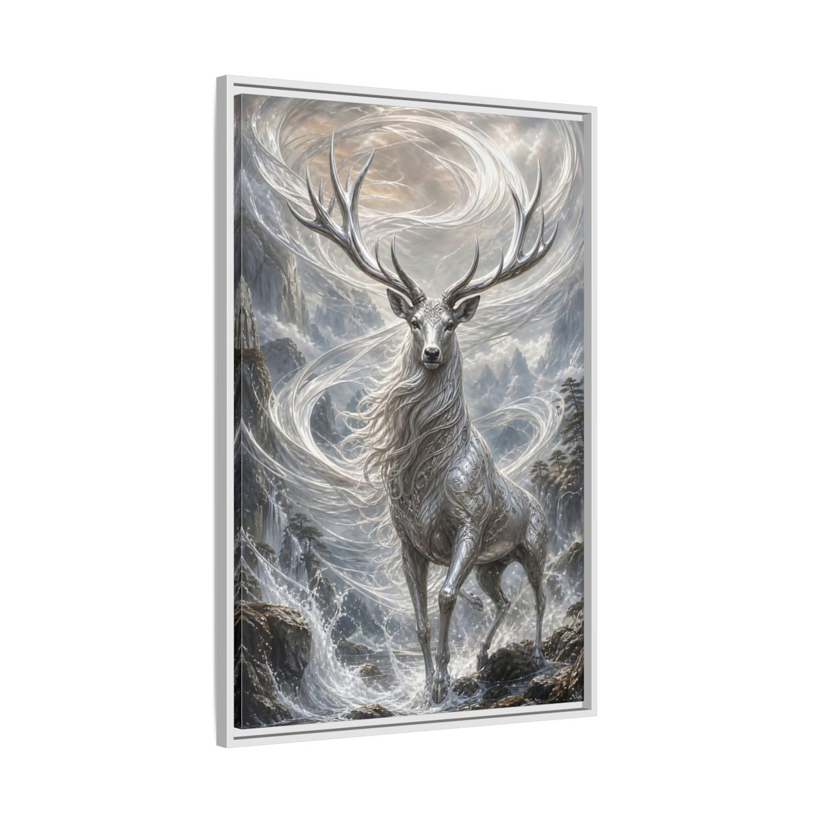 Side Mockup 9. Fairytale Silver Stag Silver And Grey shown as stretched canvas wall art