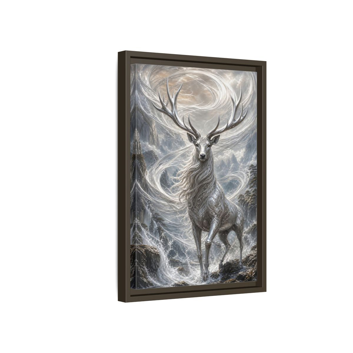 Side Mockup 5. Fairytale Silver Stag Silver And Grey shown as stretched canvas wall art