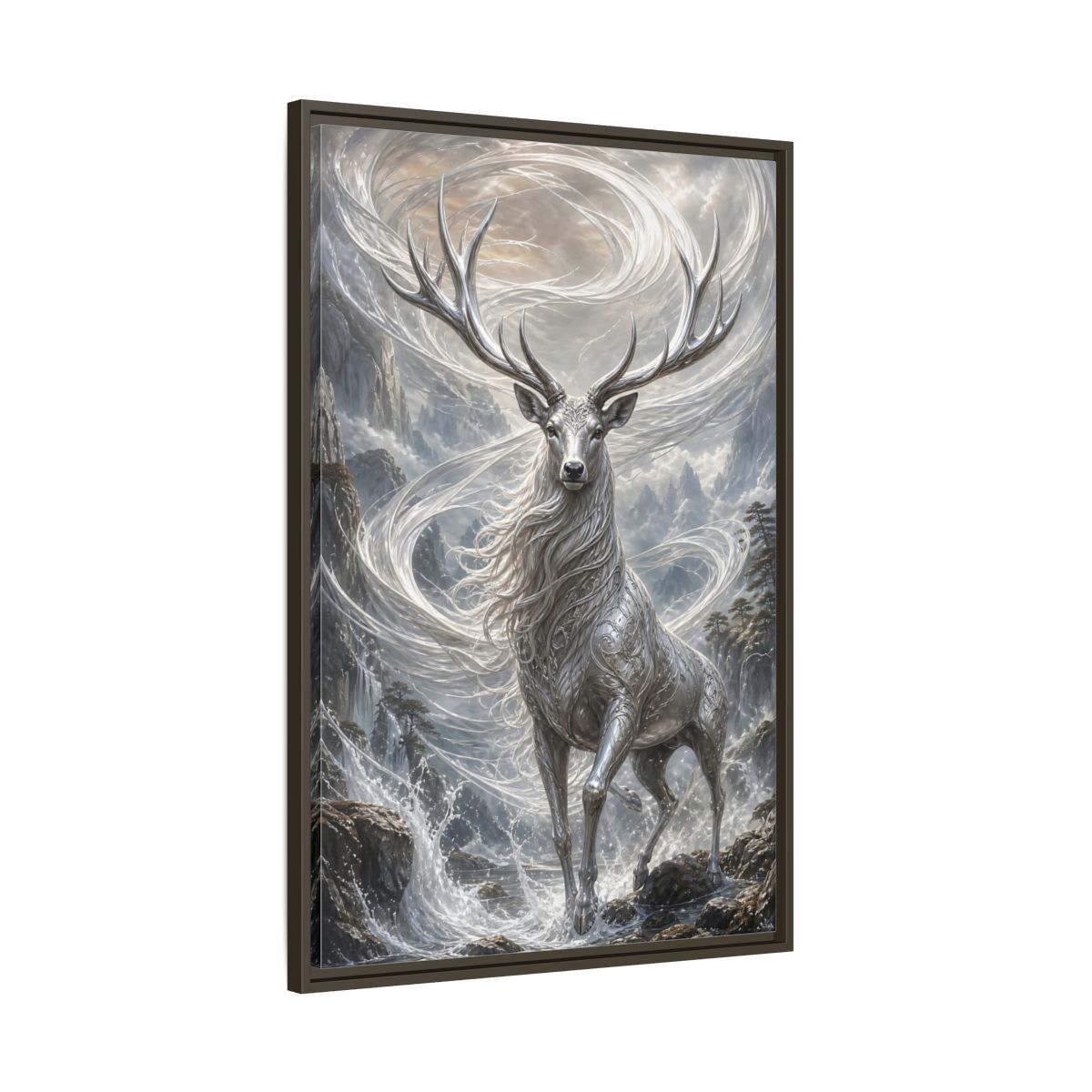 Main Mockup. Fairytale Silver Stag Silver And Grey shown as stretched canvas wall art