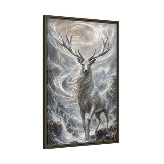 Main Mockup. Fairytale Silver Stag Silver And Grey shown as stretched canvas wall art
