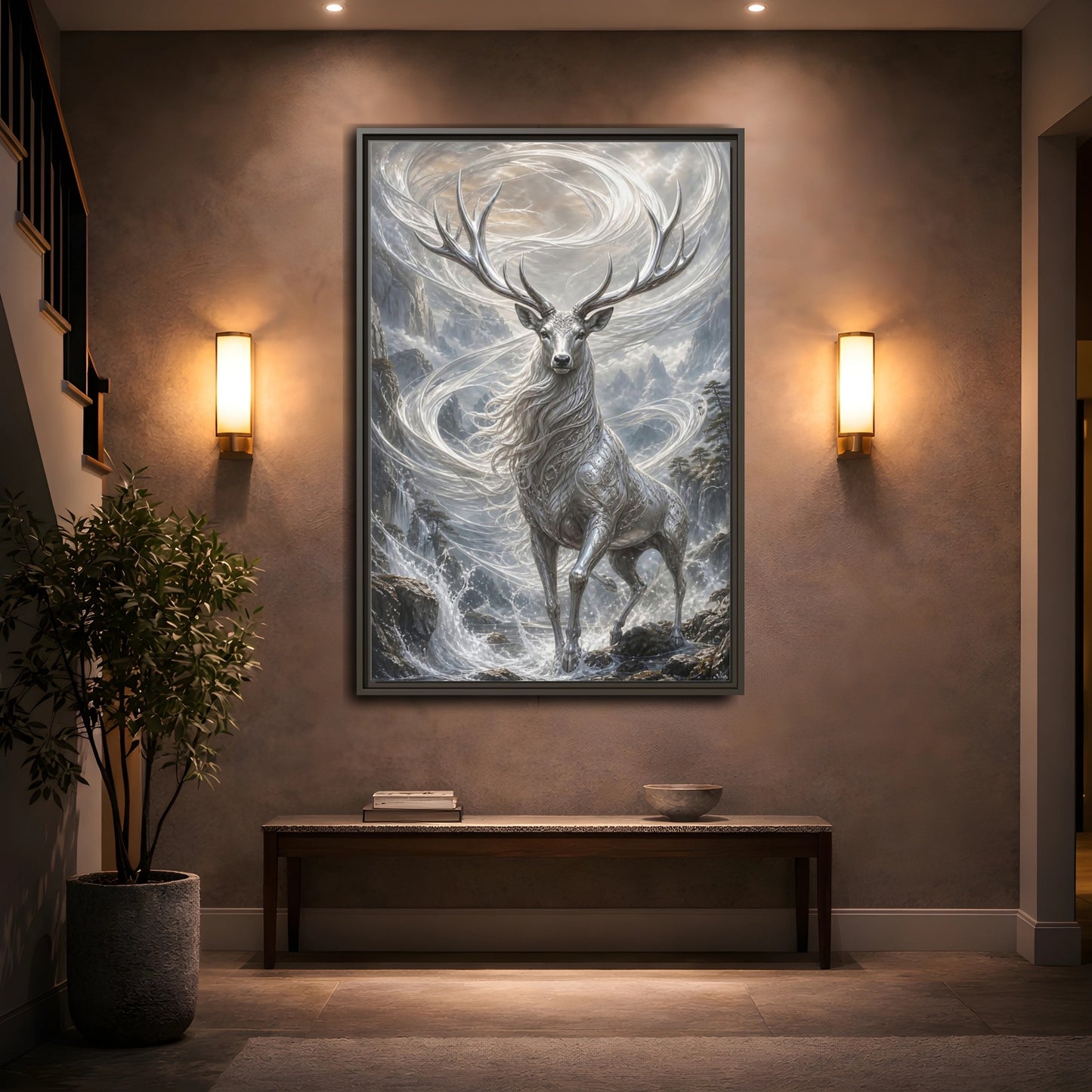Mockup 2. Fairytale Silver Stag Silver And Grey shown as stretched canvas wall art