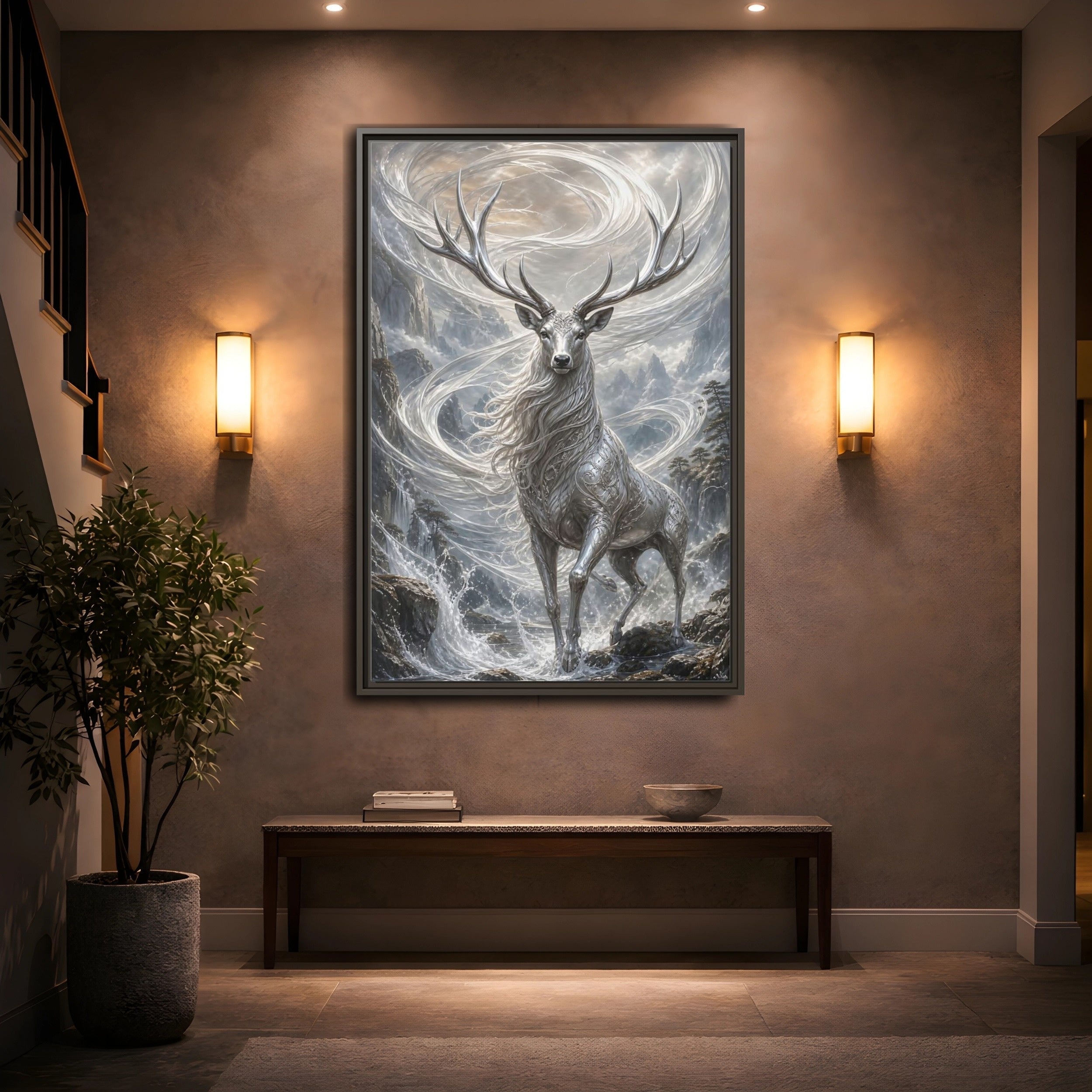 Mockup 2. Fairytale Silver Stag Silver And Grey shown as stretched canvas wall art