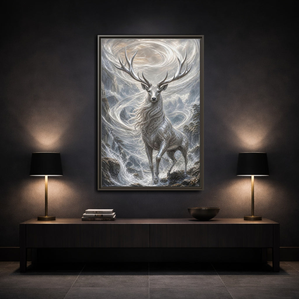 Mockup 3. Fairytale Silver Stag Silver And Grey shown as stretched canvas wall art