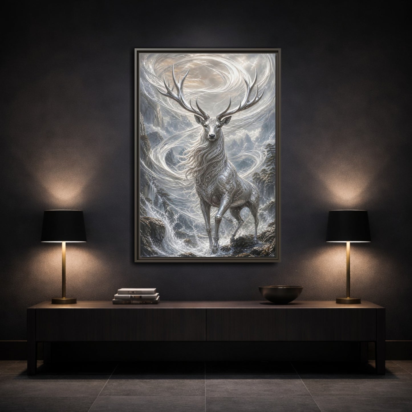 Mockup 3. Fairytale Silver Stag Silver And Grey shown as stretched canvas wall art
