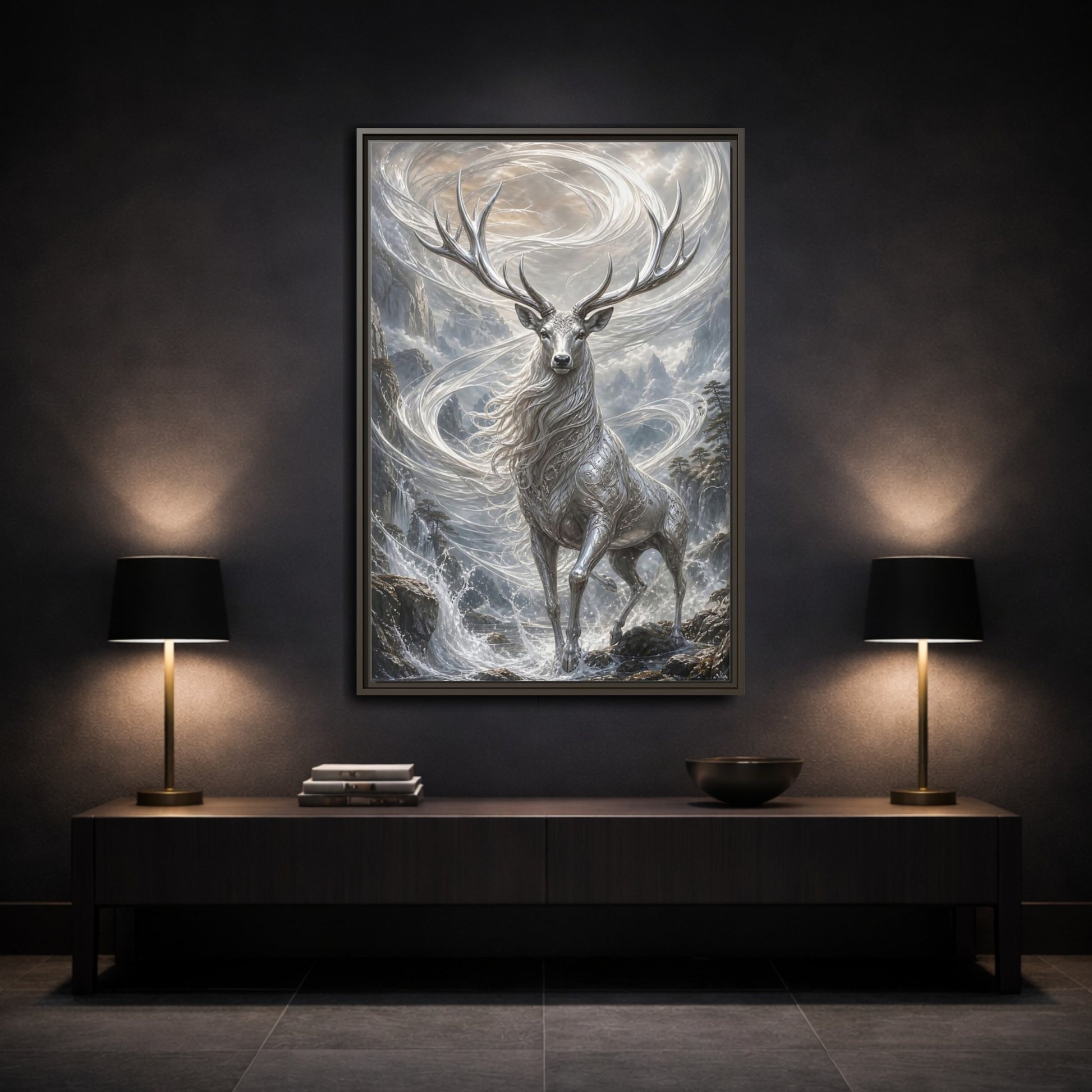 Mockup 3. Fairytale Silver Stag Silver And Grey shown as stretched canvas wall art