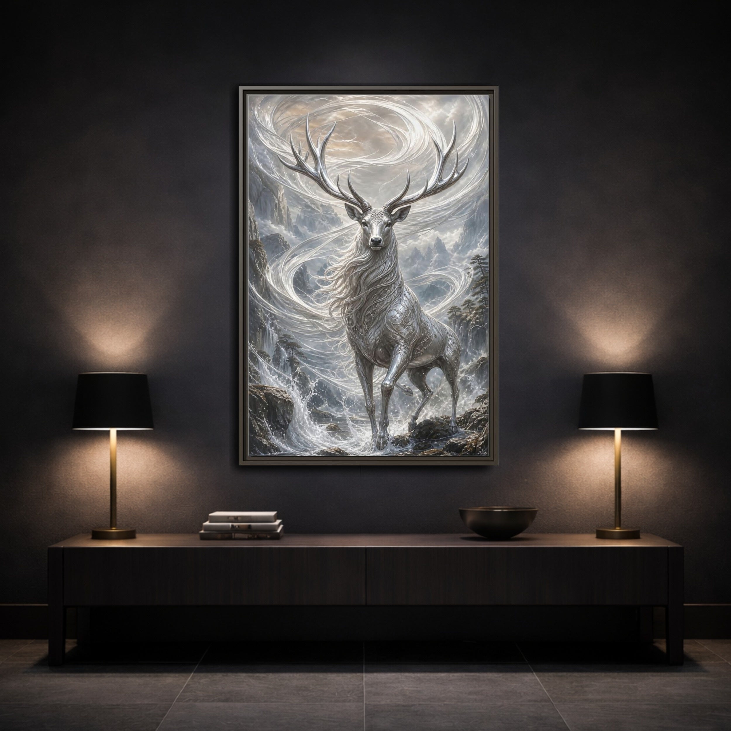 Mockup 3. Fairytale Silver Stag Silver And Grey shown as stretched canvas wall art