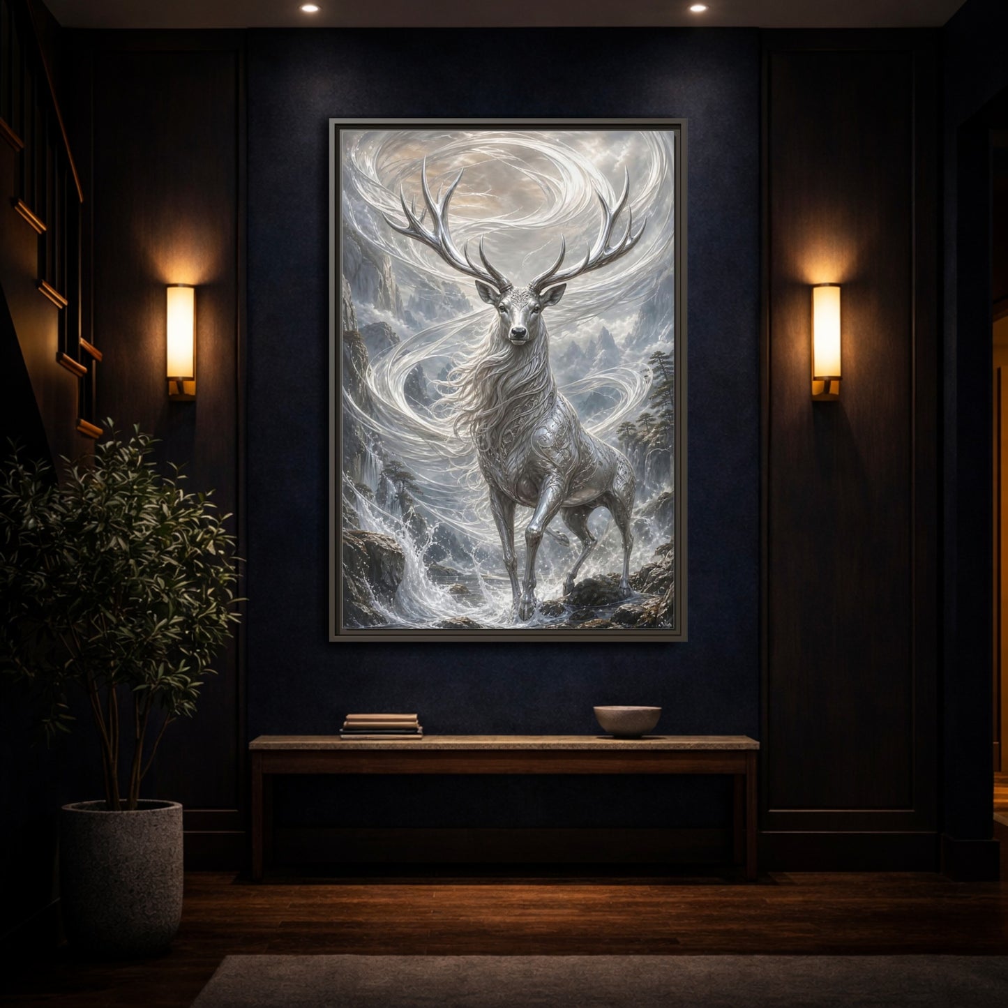Mockup 4. Fairytale Silver Stag Silver And Grey shown as stretched canvas wall art