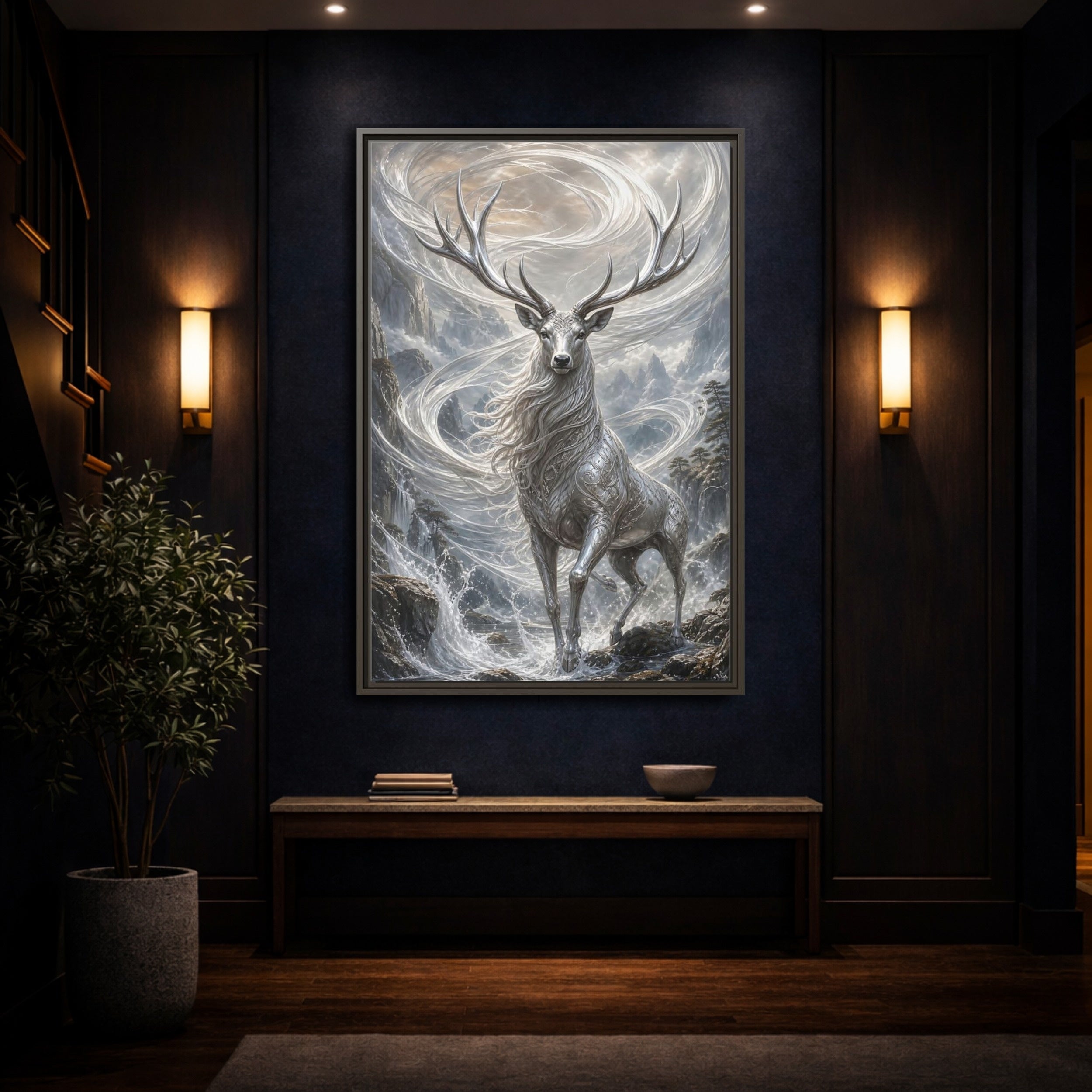 Mockup 4. Fairytale Silver Stag Silver And Grey shown as stretched canvas wall art