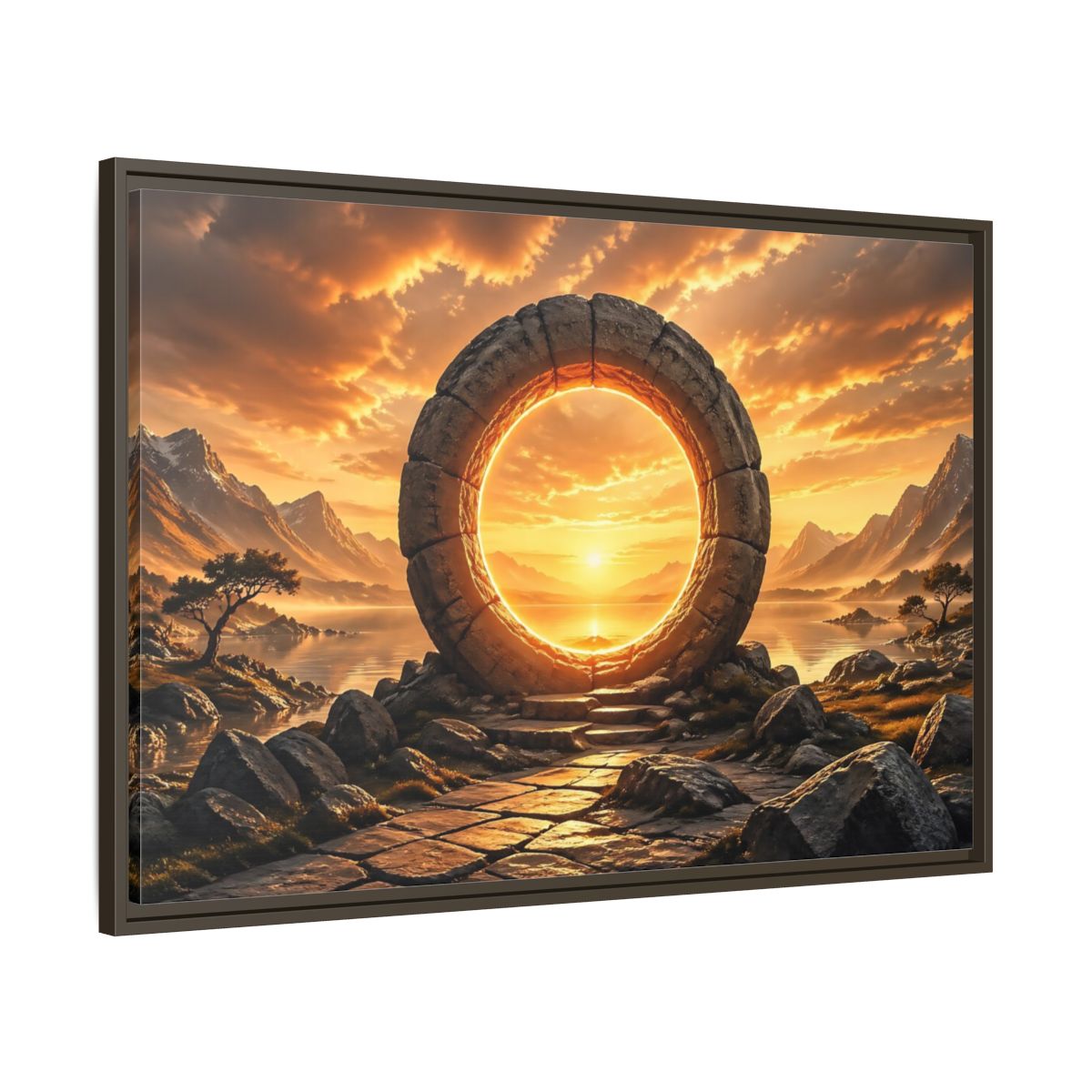 Main Mockup. Fairytale Stone Portal Glowing Portal Sunset shown as stretched canvas wall art