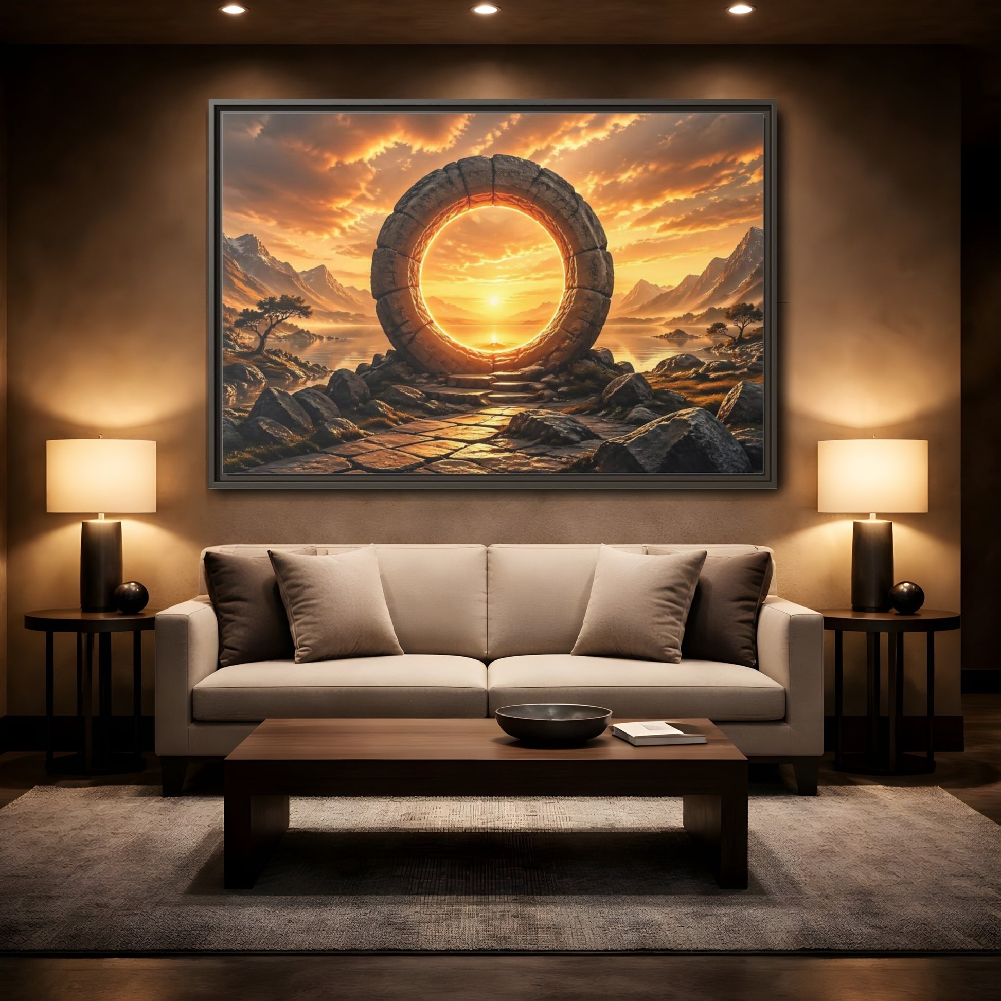 Mockup 2. Fairytale Stone Portal Glowing Portal Sunset shown as stretched canvas wall art