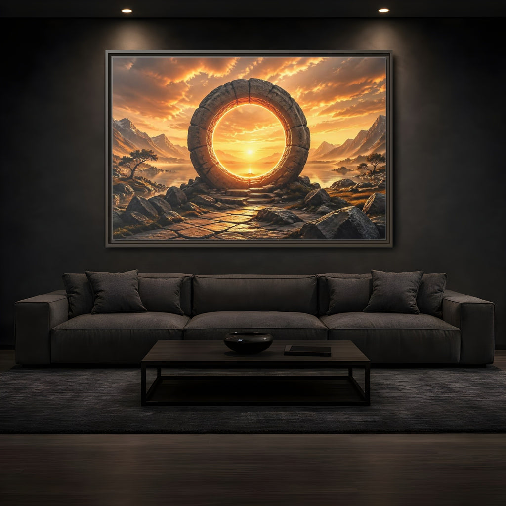 Mockup 3. Fairytale Stone Portal Glowing Portal Sunset shown as stretched canvas wall art