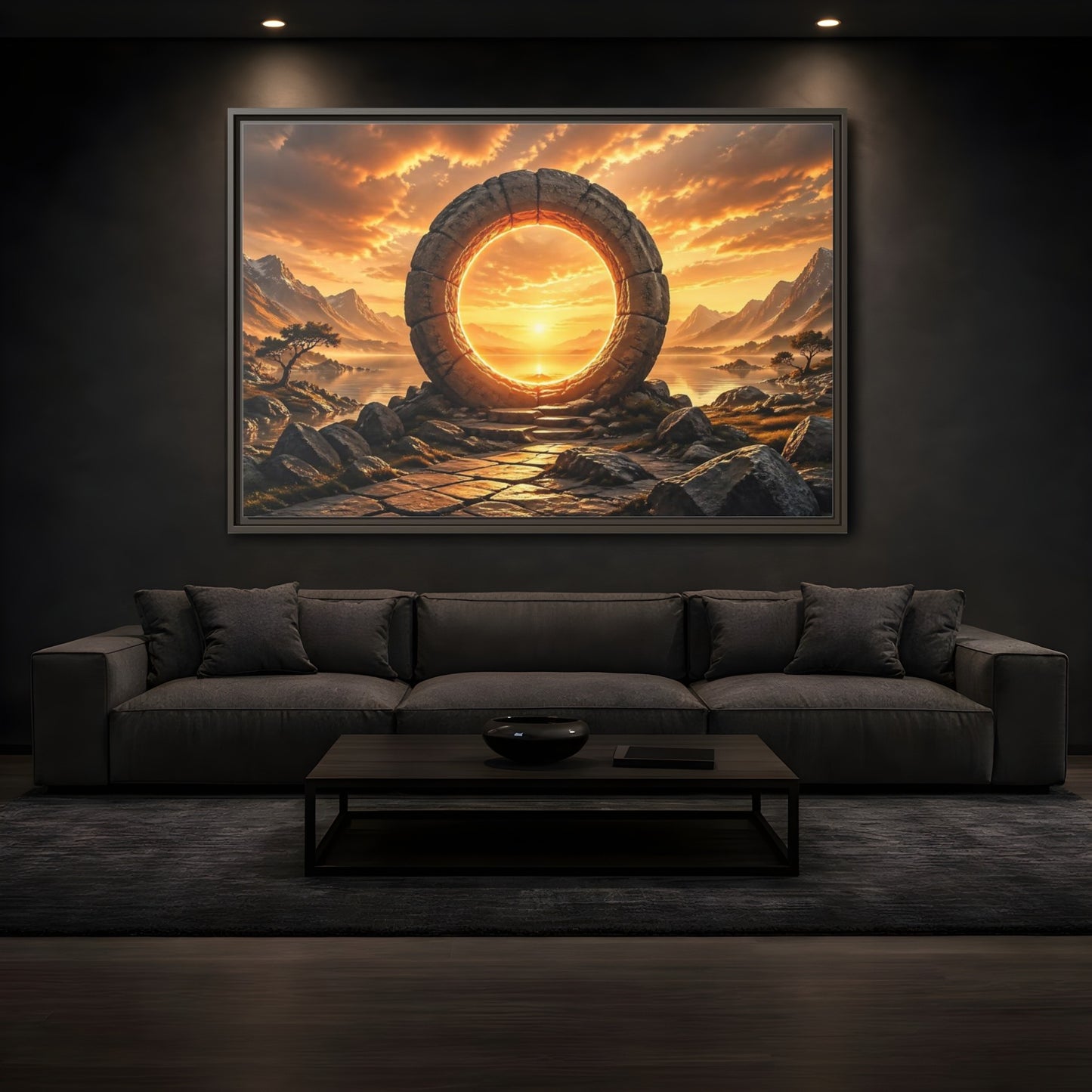 Mockup 3. Fairytale Stone Portal Glowing Portal Sunset shown as stretched canvas wall art
