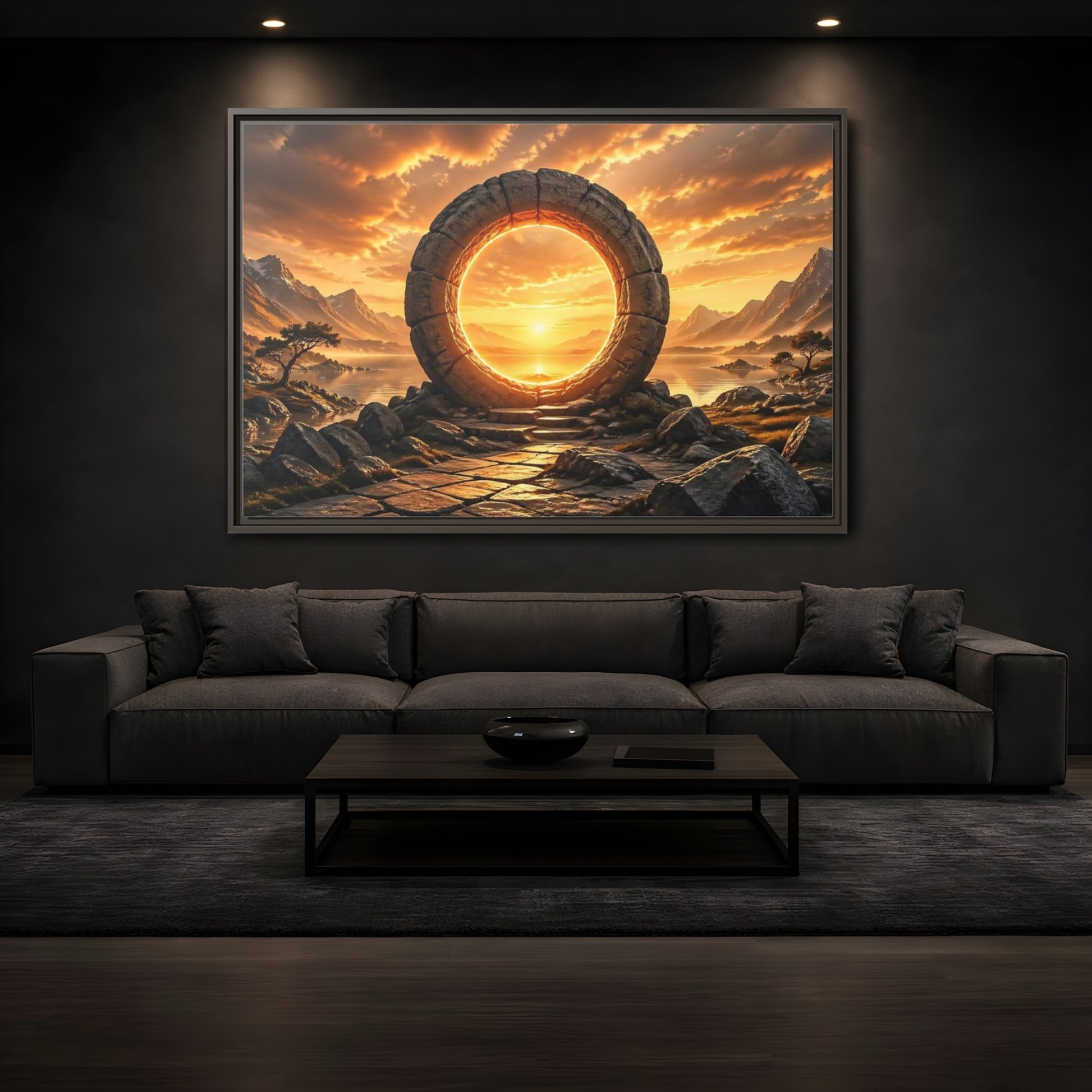 Mockup 3. Fairytale Stone Portal Glowing Portal Sunset shown as stretched canvas wall art