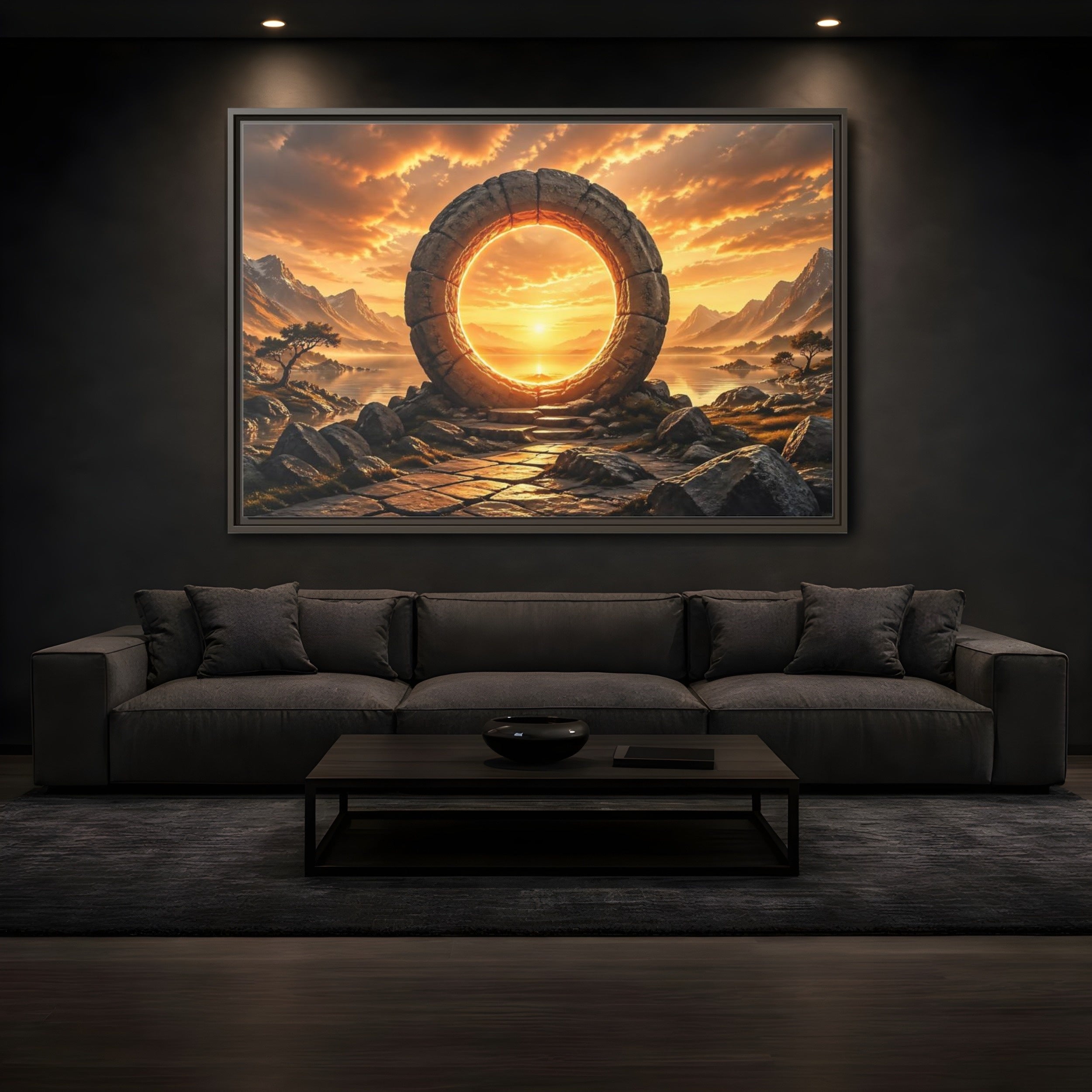 Mockup 3. Fairytale Stone Portal Glowing Portal Sunset shown as stretched canvas wall art