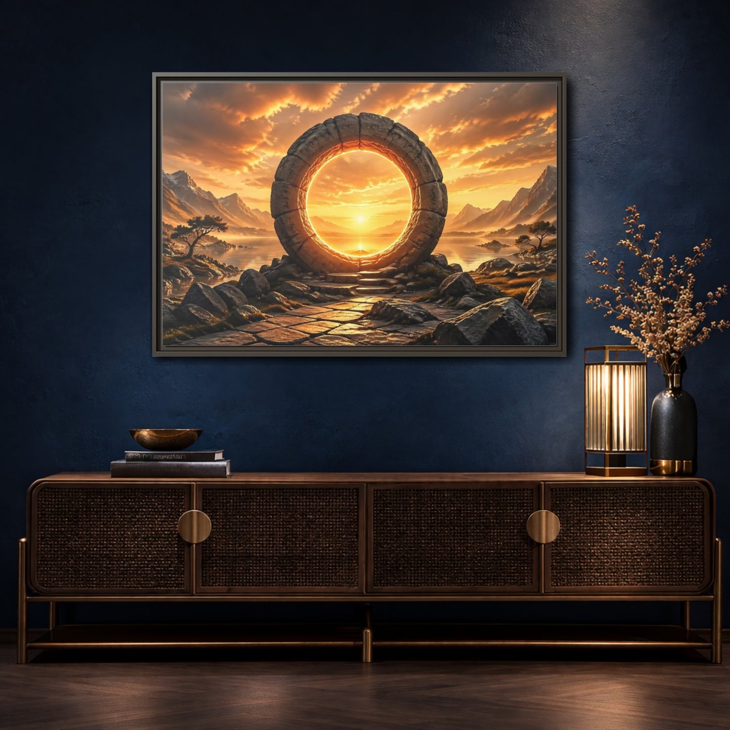 Mockup 4. Fairytale Stone Portal Glowing Portal Sunset shown as stretched canvas wall art