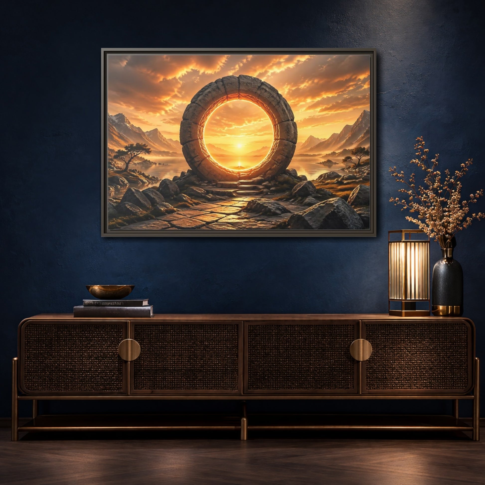 Mockup 4. Fairytale Stone Portal Glowing Portal Sunset shown as stretched canvas wall art