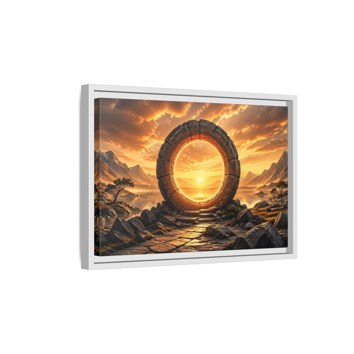 Side Mockup 4. Fairytale Stone Portal Glowing Portal Sunset shown as stretched canvas wall art