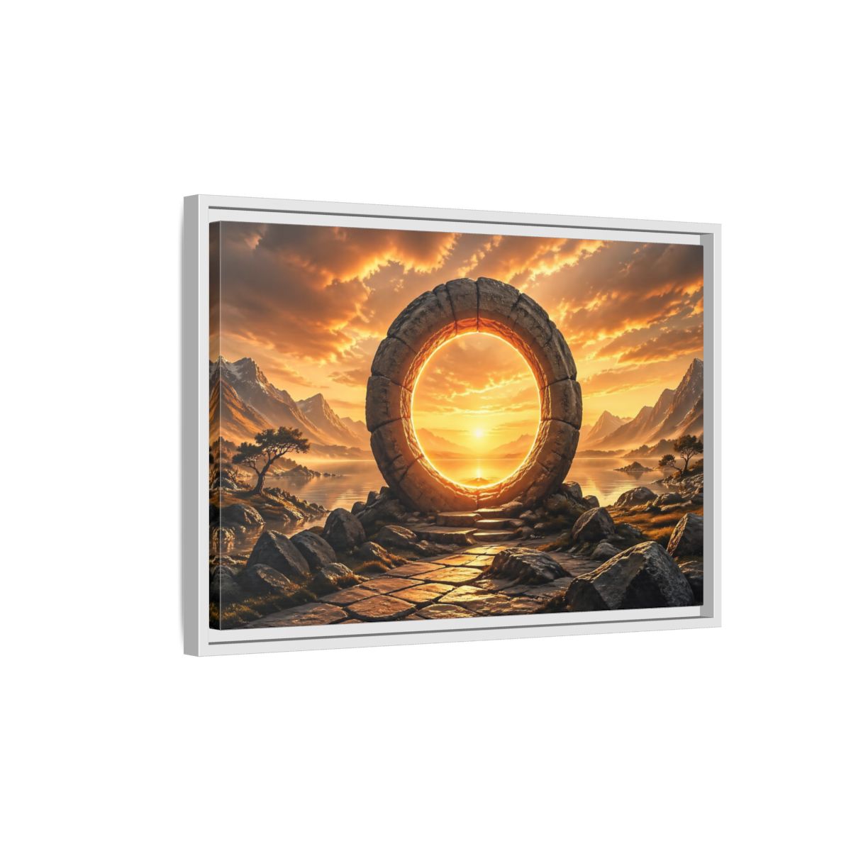 Side Mockup 1. Fairytale Stone Portal Glowing Portal Sunset shown as stretched canvas wall art