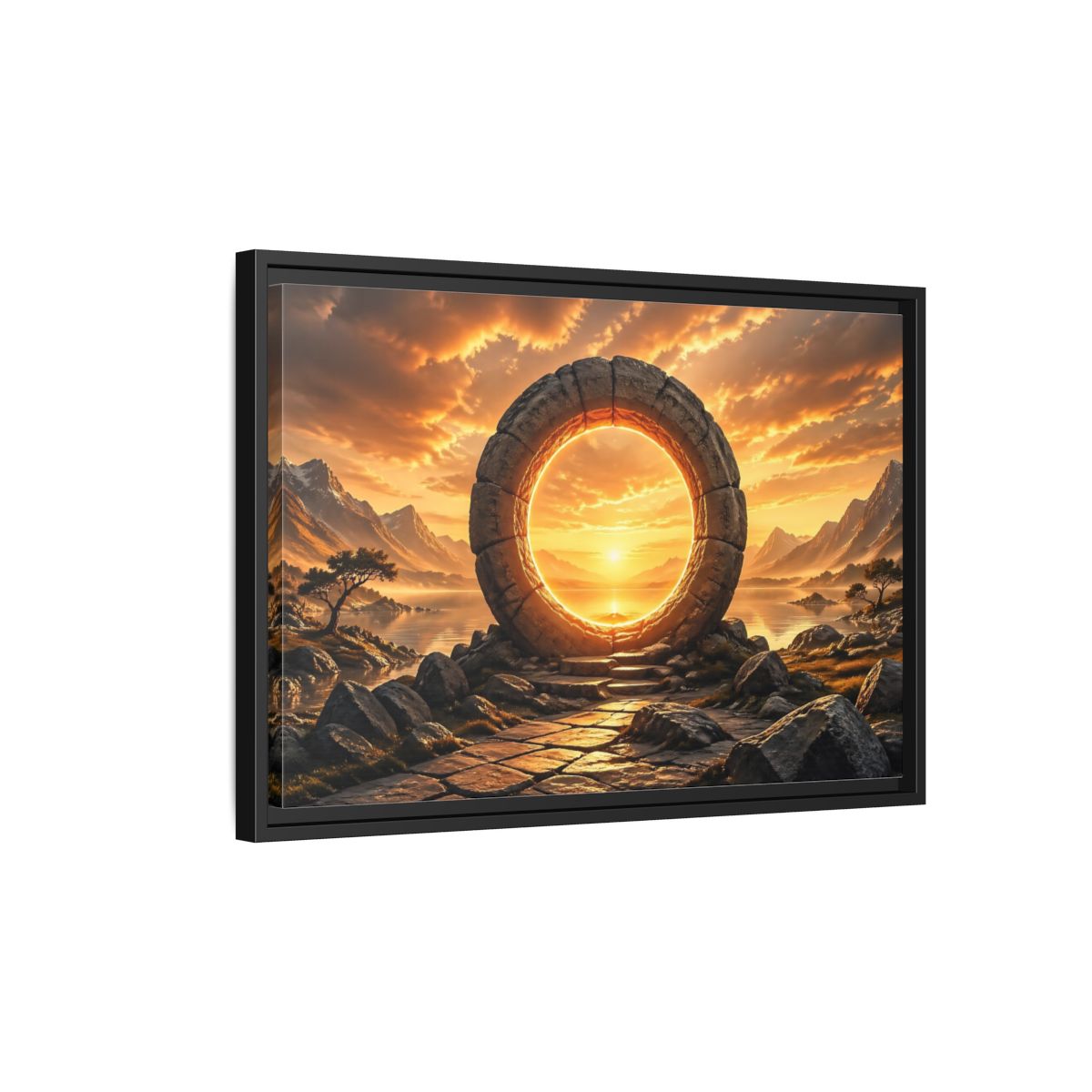 Side Mockup 3. Fairytale Stone Portal Glowing Portal Sunset shown as stretched canvas wall art