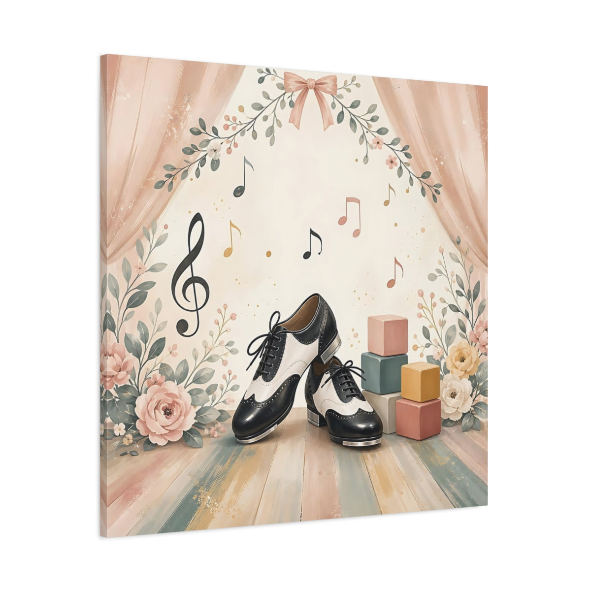 Side Mockup 1. Fairytale Tap Shoes Pastel Dance Scene shown as canvas print