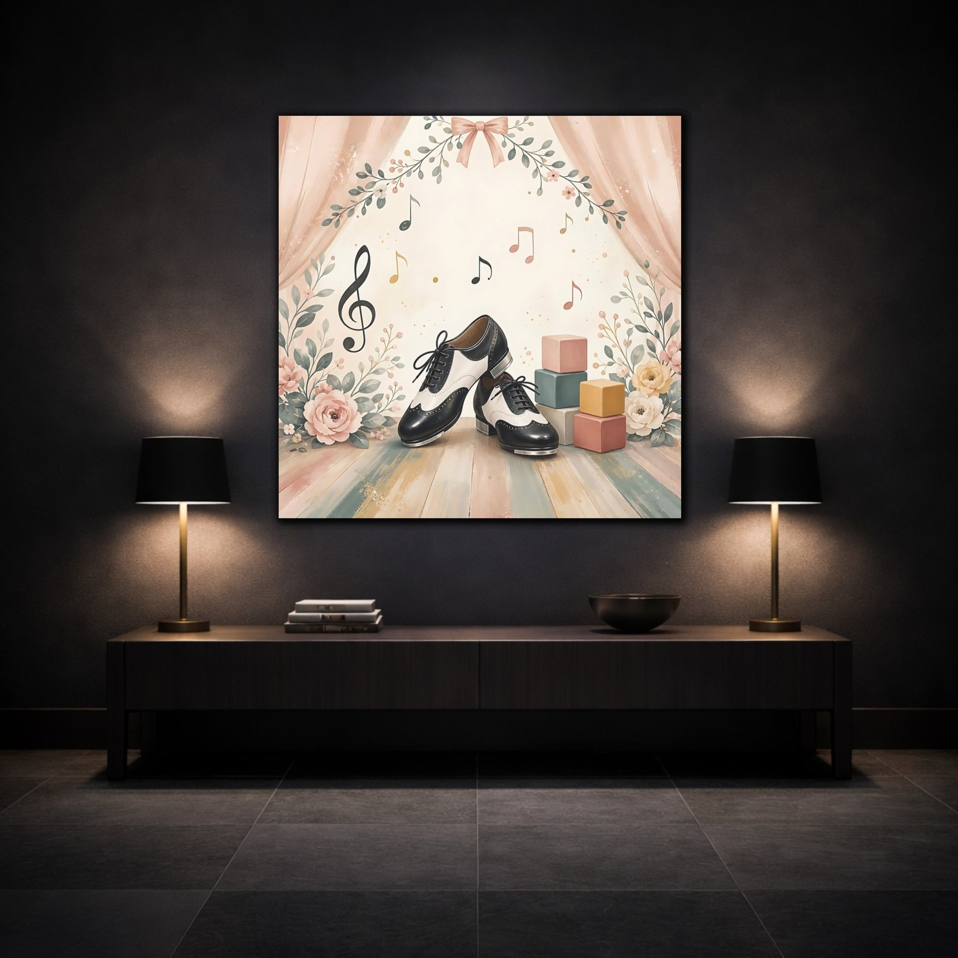 Mockup 3. Fairytale Tap Shoes Pastel Dance Scene shown as canvas print