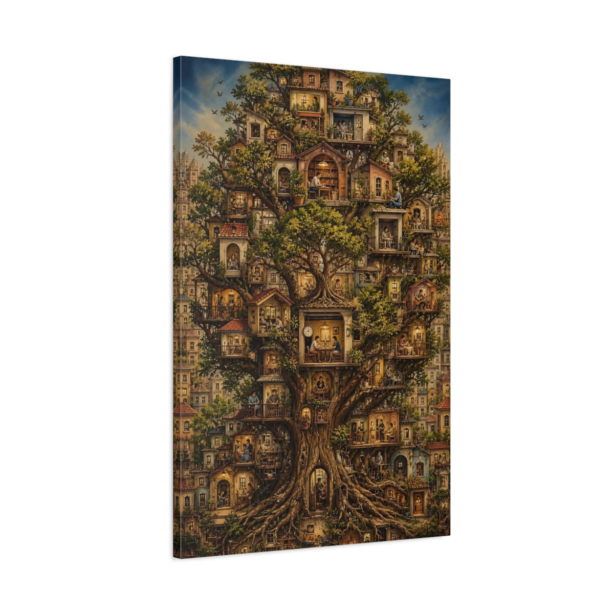 Fairytale Tree City Whimsical Treehouse Canvas Wall Art Print - Living Room, Above Couch shown as canvas wall art