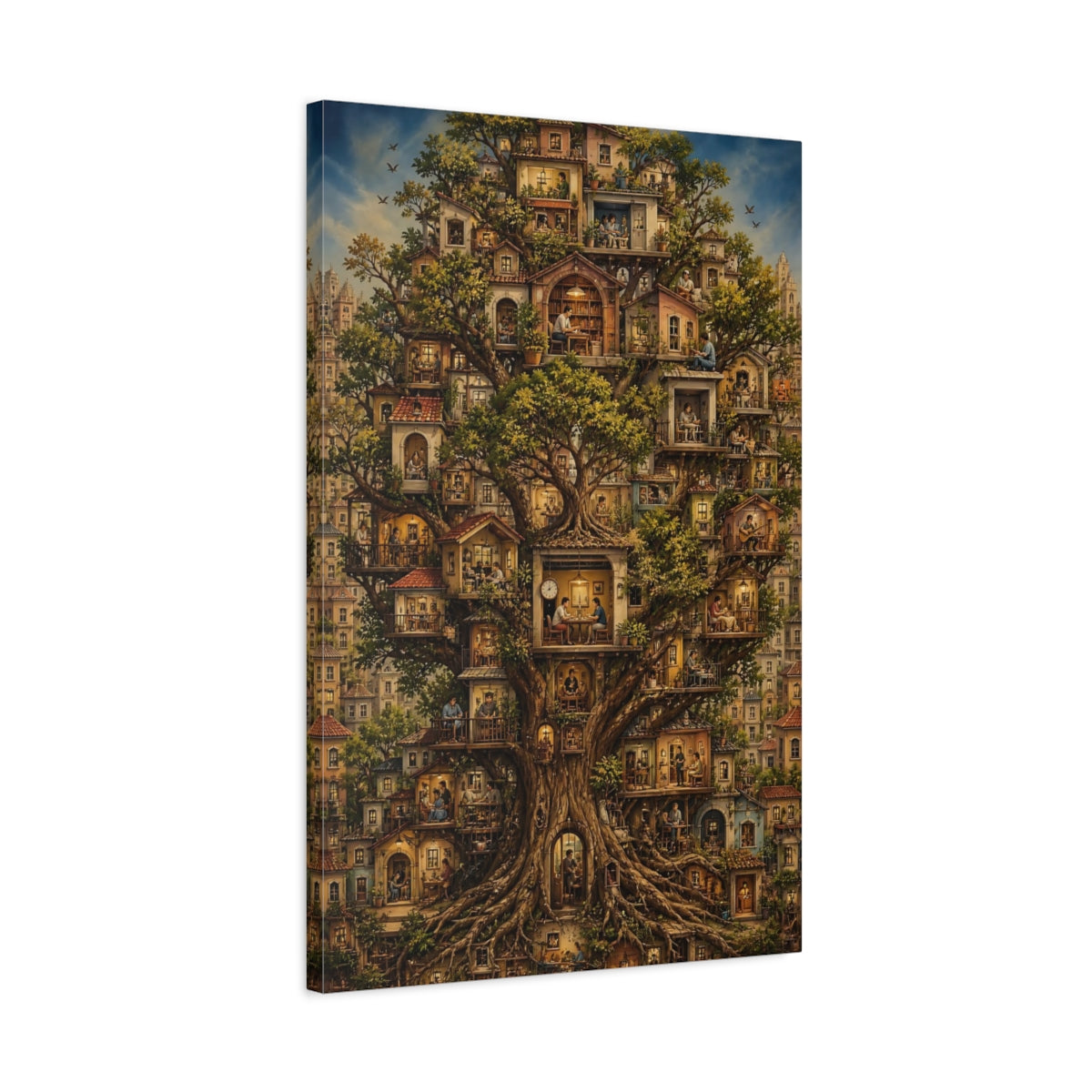 Fairytale Tree City Whimsical Treehouse Canvas Wall Art Print - Living Room, Above Couch shown as canvas wall art