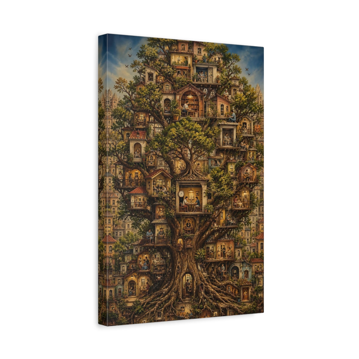 Fairytale Tree City Whimsical Treehouse Canvas Wall Art Print - Living Room, Above Couch shown as canvas wall art