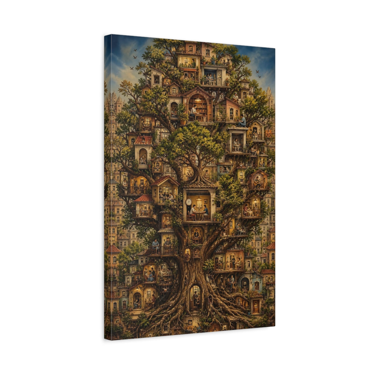 Fairytale Tree City Whimsical Treehouse Canvas Wall Art Print - Living Room, Above Couch shown as canvas wall art