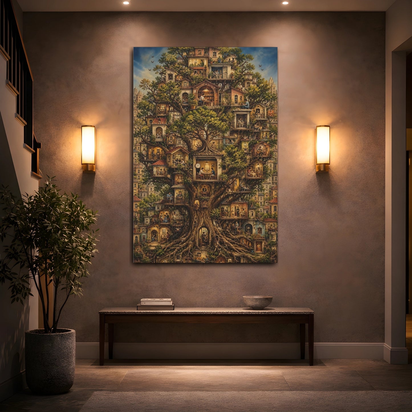 Fairytale Tree City Whimsical Treehouse Canvas Wall Art Print - Living Room, Above Couch shown as canvas wall art