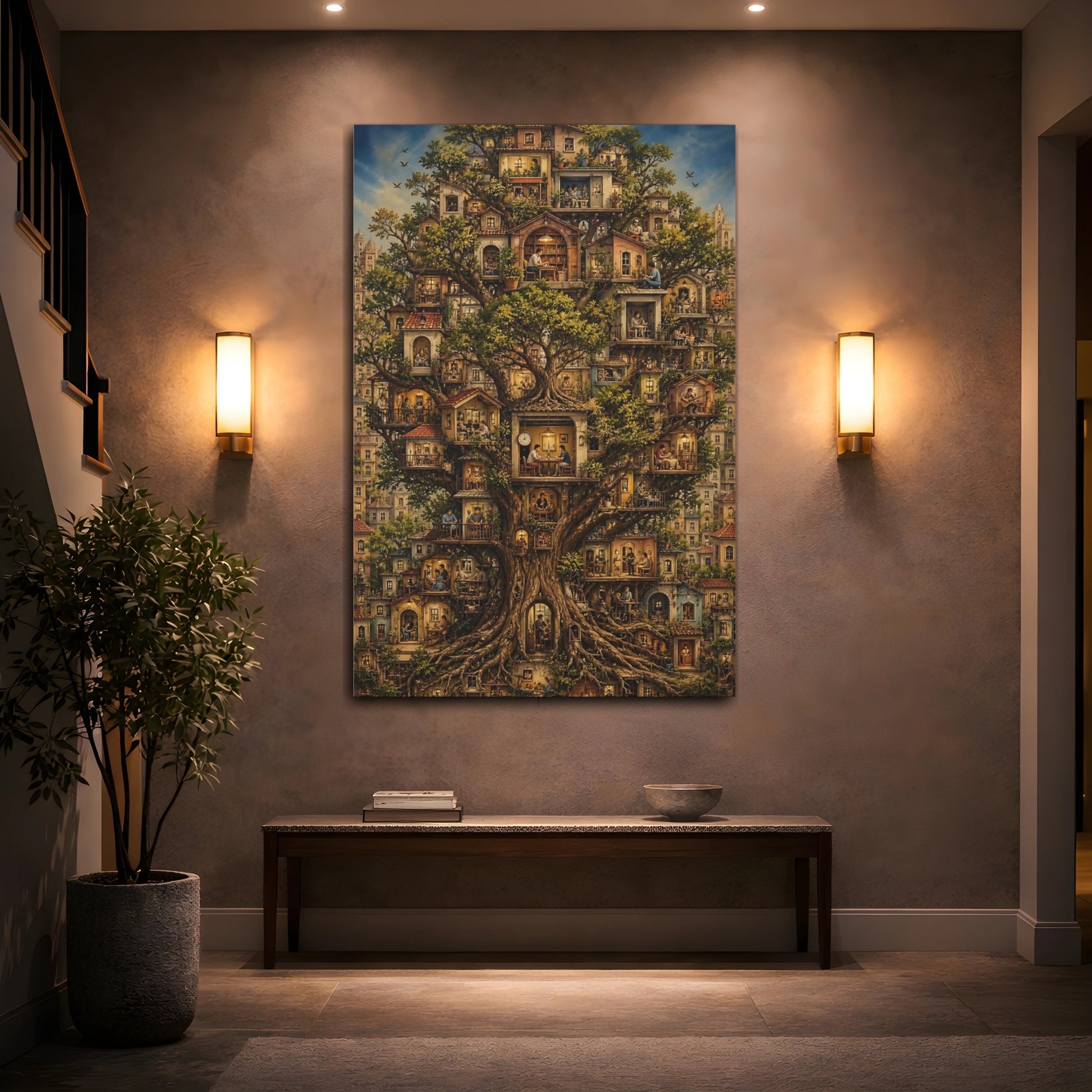 Fairytale Tree City Whimsical Treehouse Canvas Wall Art Print - Living Room, Above Couch shown as canvas wall art